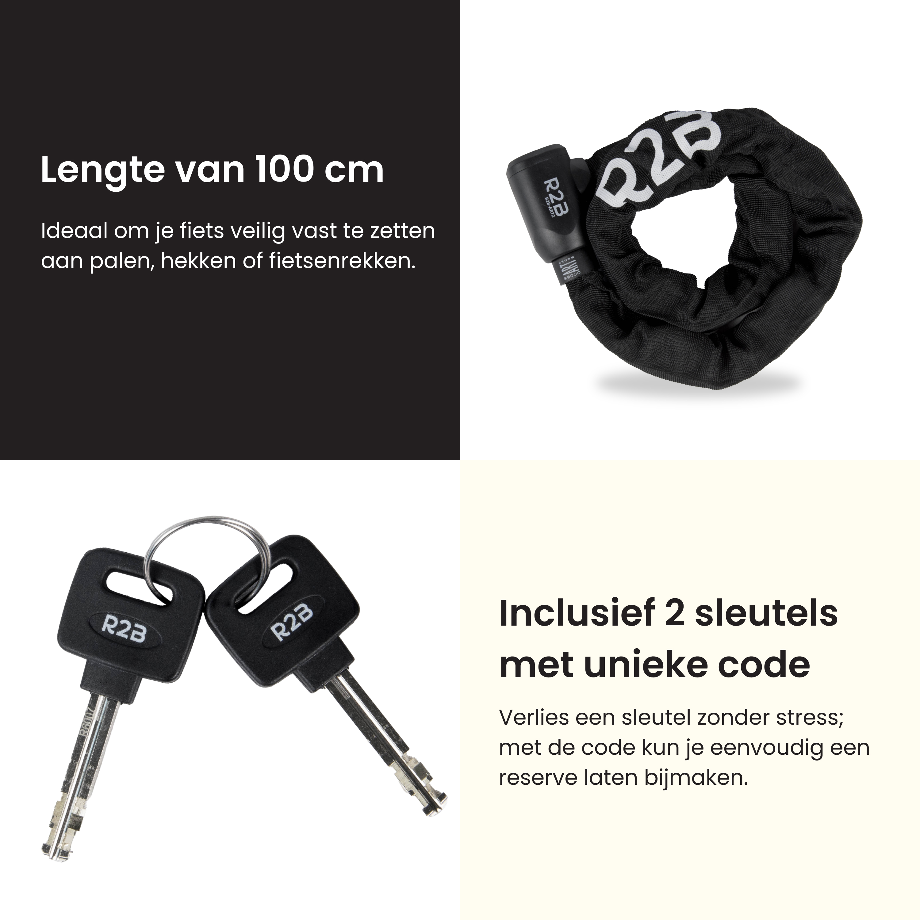 Image shows a black bike lock, two keys, and text on a white background. The lock is 100 cm long.
