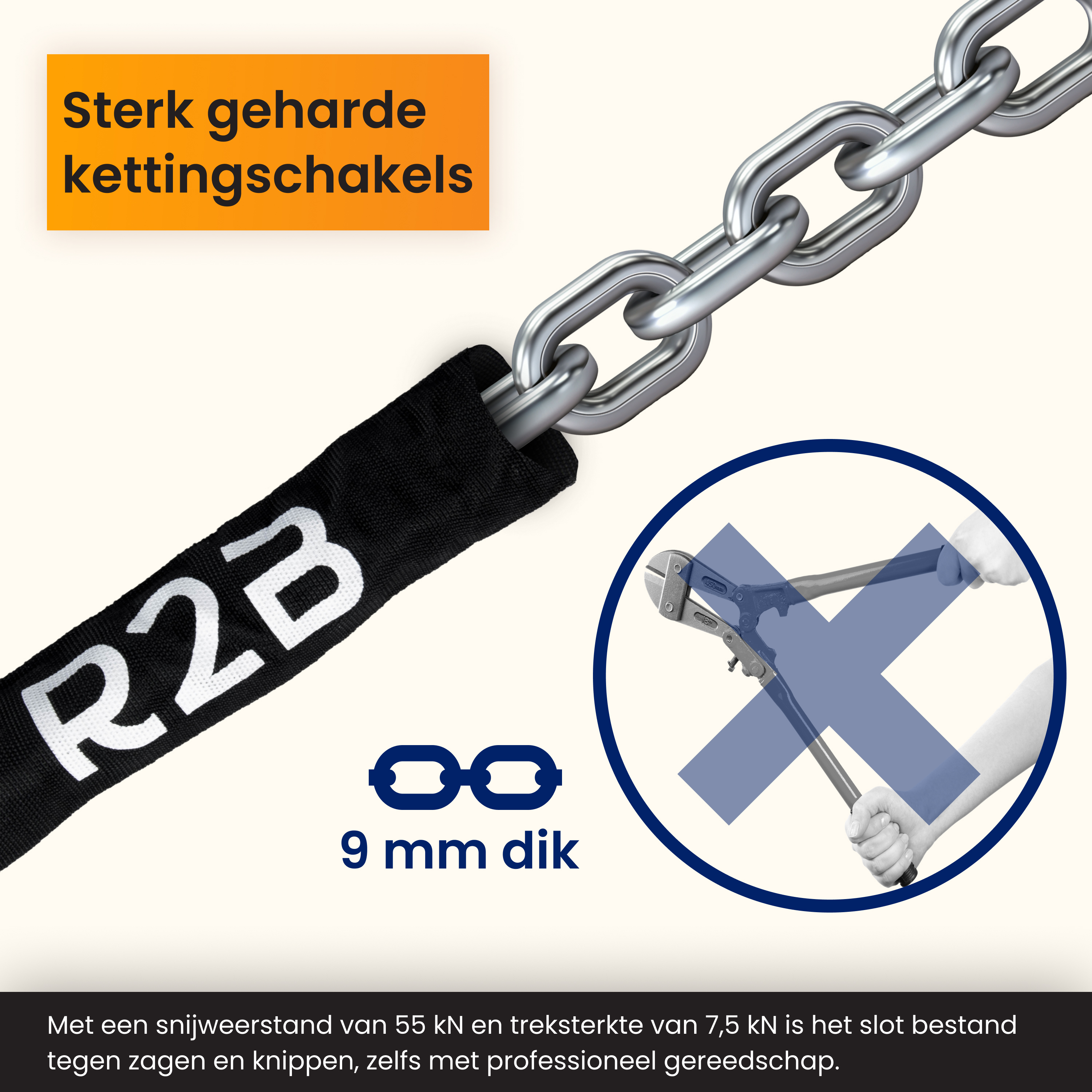 Image shows a chain with an R2B label. It also shows a crossed-out image of a tool.