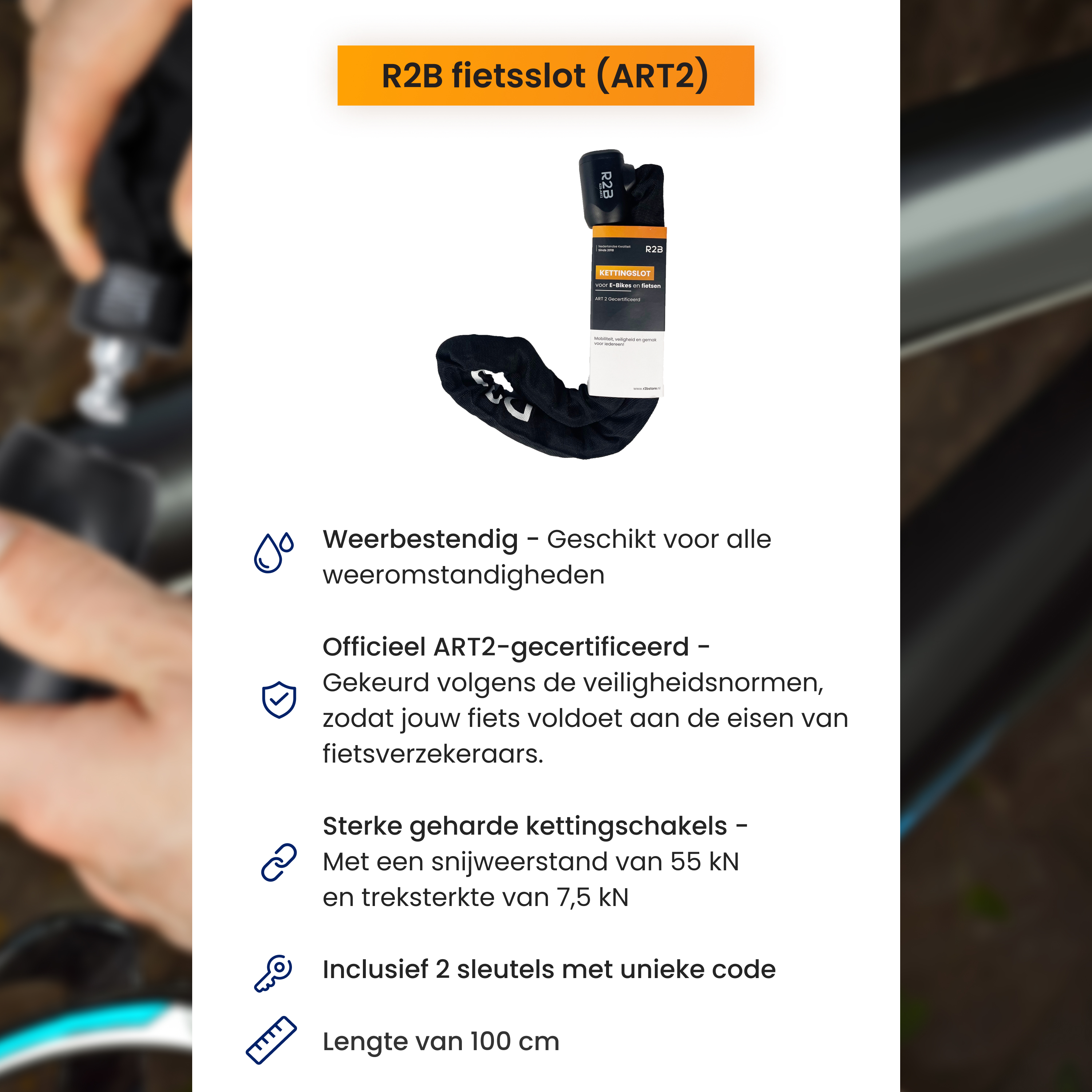 A bike lock with black chain is shown. The lock has a black cover, and an orange label at the top. The background is blurred.
