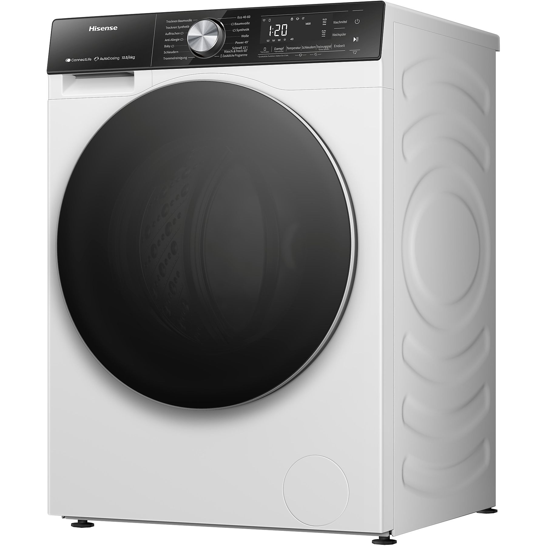 Una lavadora Hisense blanca. Tiene una puerta negra y un panel de control que muestra ajustes y tiempo.