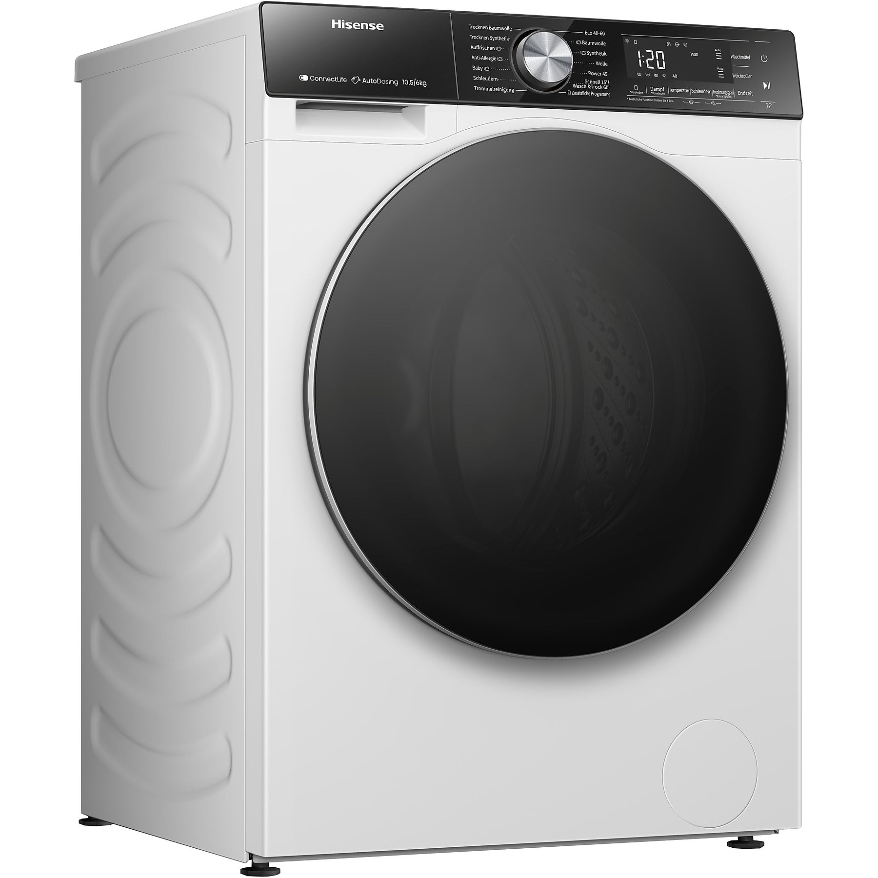 Una lavadora Hisense blanca con puerta negra. Tiene un panel de control y varios ajustes de programa.