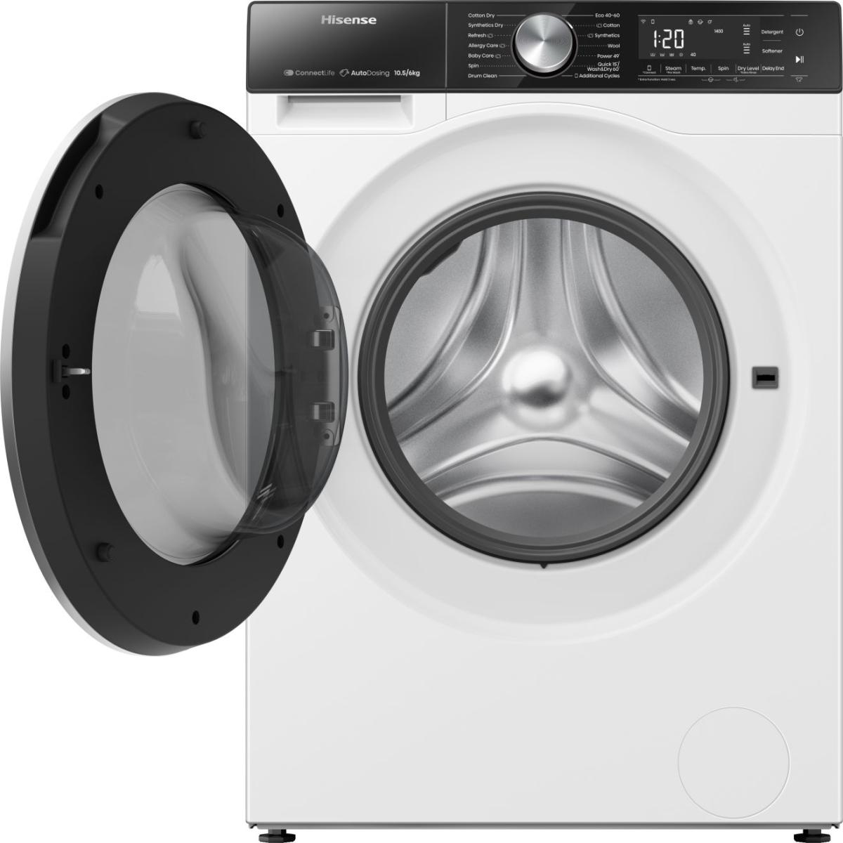 Una lavadora Hisense blanca con una puerta negra abierta. El panel de control muestra varias opciones de lavado y un temporizador.