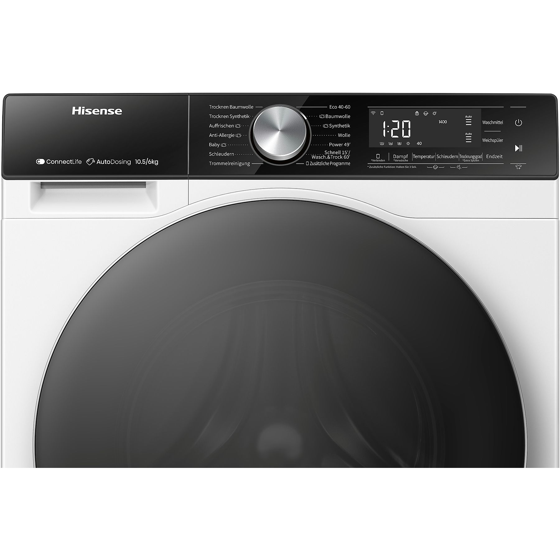 Una lavadora Hisense con un panel de control que muestra la configuración y una pantalla digital. La puerta está cerrada.