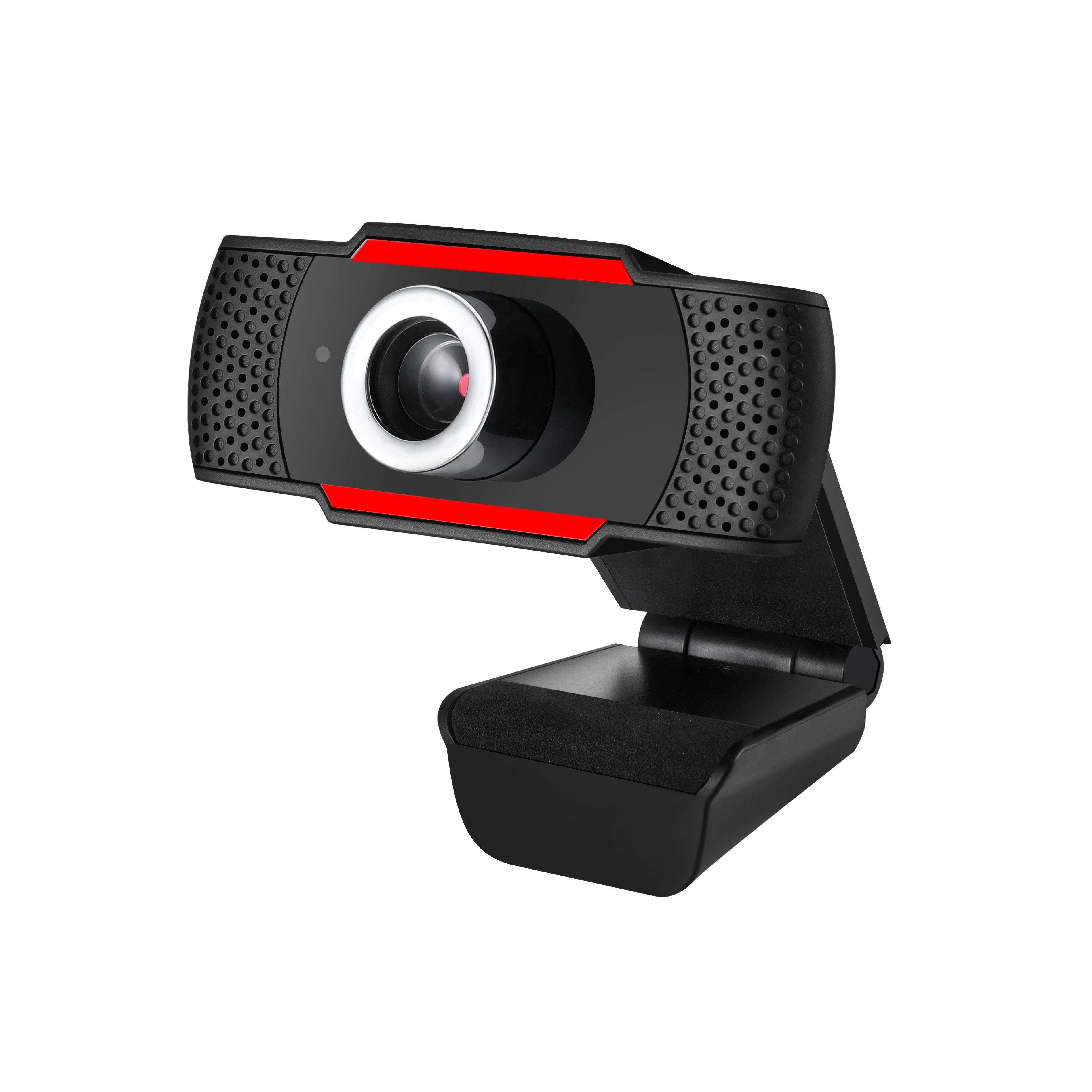 Eine schwarze Webcam mit roten Akzenten. Sie hat ein Objektiv mit weißem Lichtring und ist auf einem Ständer montiert.