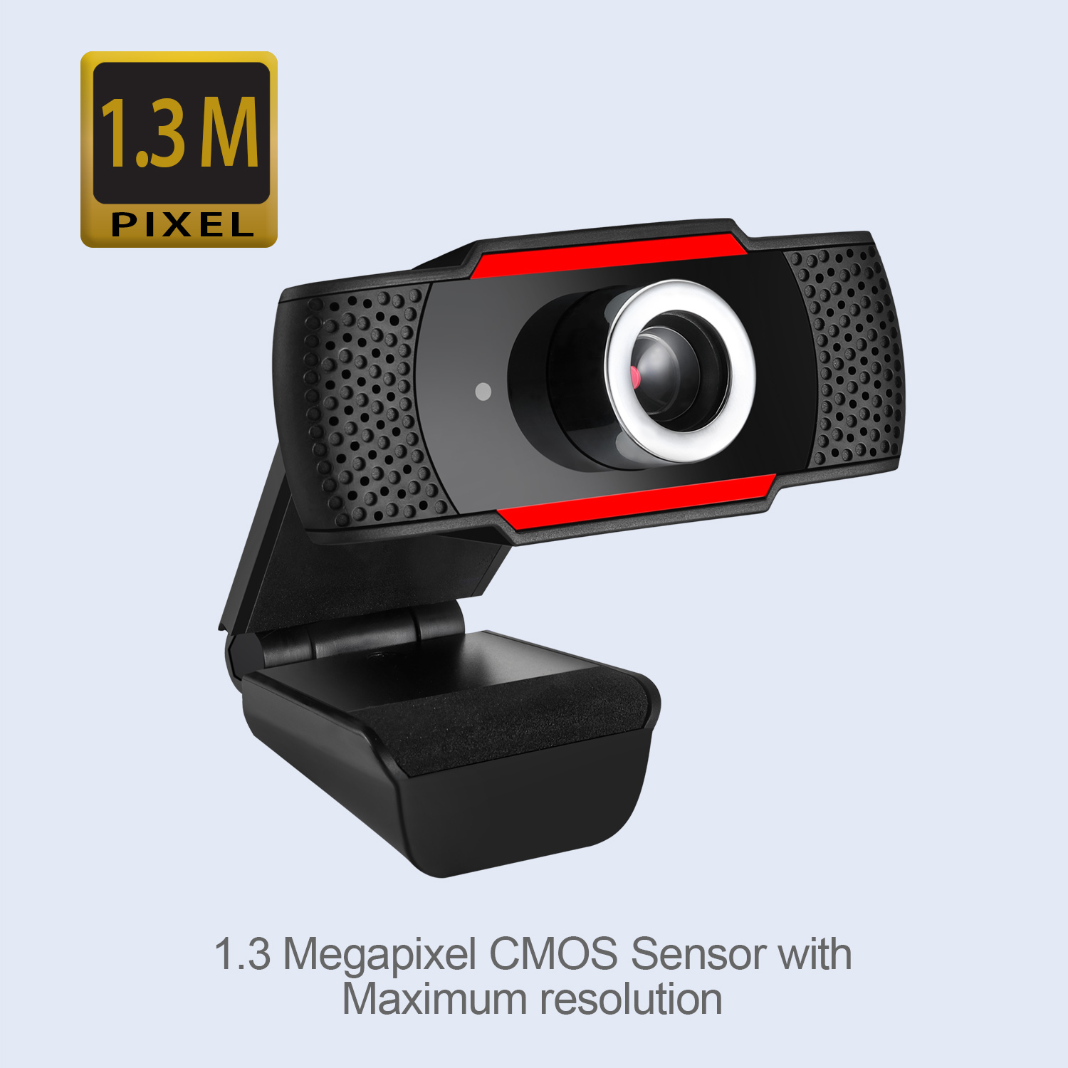 Eine schwarze Webcam mit roten Akzenten. Sie hat ein Objektiv mit weißem Ring und ein 1,3M Pixel Logo. Der Hintergrund ist hellgrau.