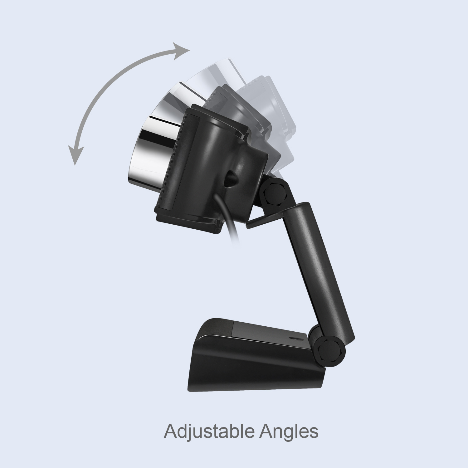 Schwarze Webcam mit einstellbaren Winkeln. Grauer Pfeil zeigt Bewegung an. Hintergrund hellblau, Text 'Adjustable Angles'.