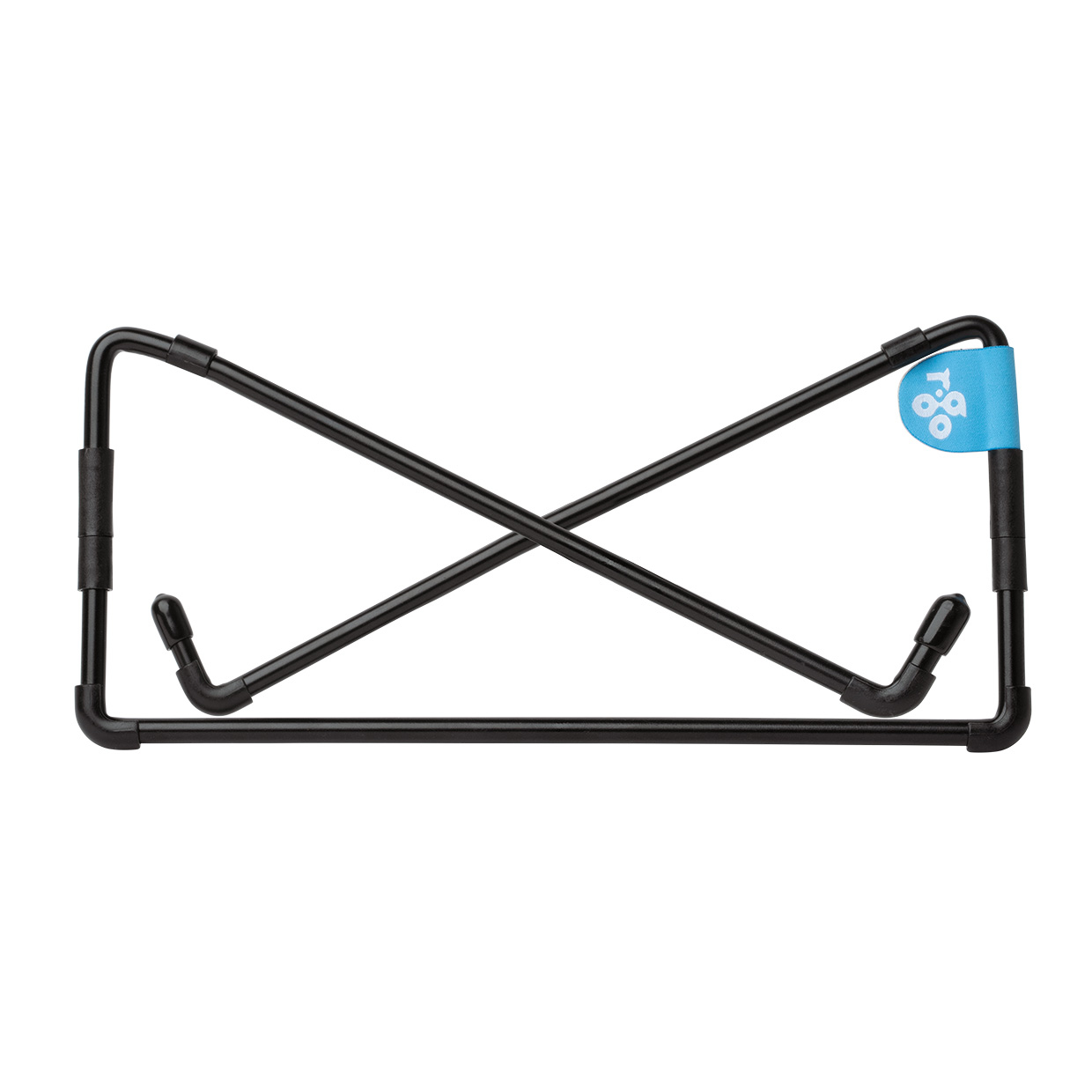 Schwarzer Tablet-Ständer aus Metall. Er hat ein X-förmiges Design mit gebogenen Stützen. Ein blaues Etikett mit Logo ist angebracht.