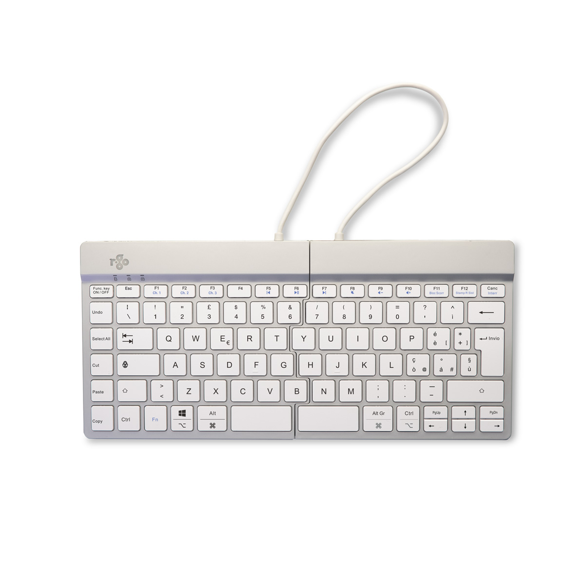 Una tastiera bianca con un design diviso, collegata da un cavo bianco. I tasti sono etichettati con lettere, numeri e simboli.