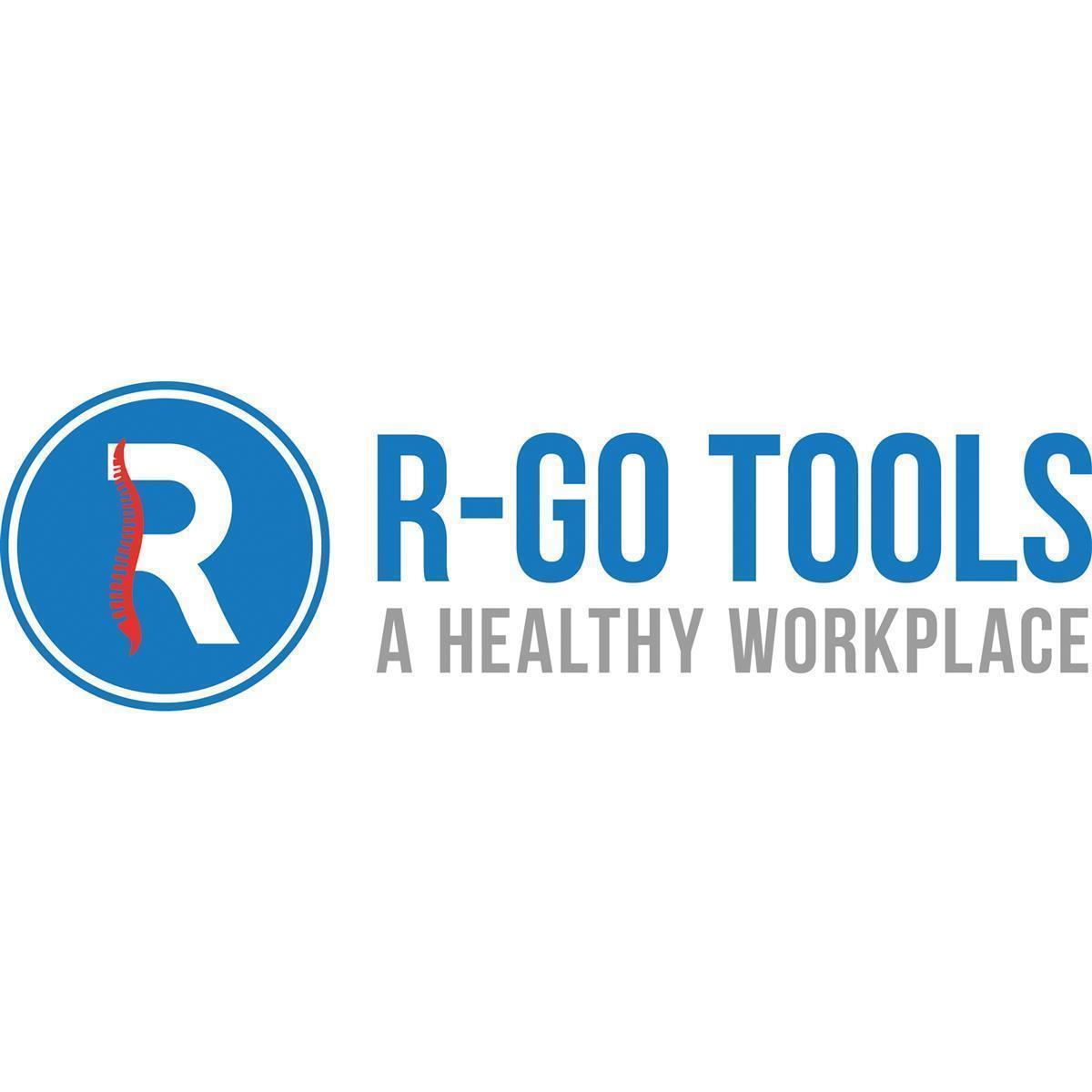 Das Logo zeigt einen blauen Kreis mit einem weißen 'R' und einer roten Wirbelsäule. Der Text 'R-GO TOOLS' ist blau, darunter 'A HEALTHY WORKPLACE'.