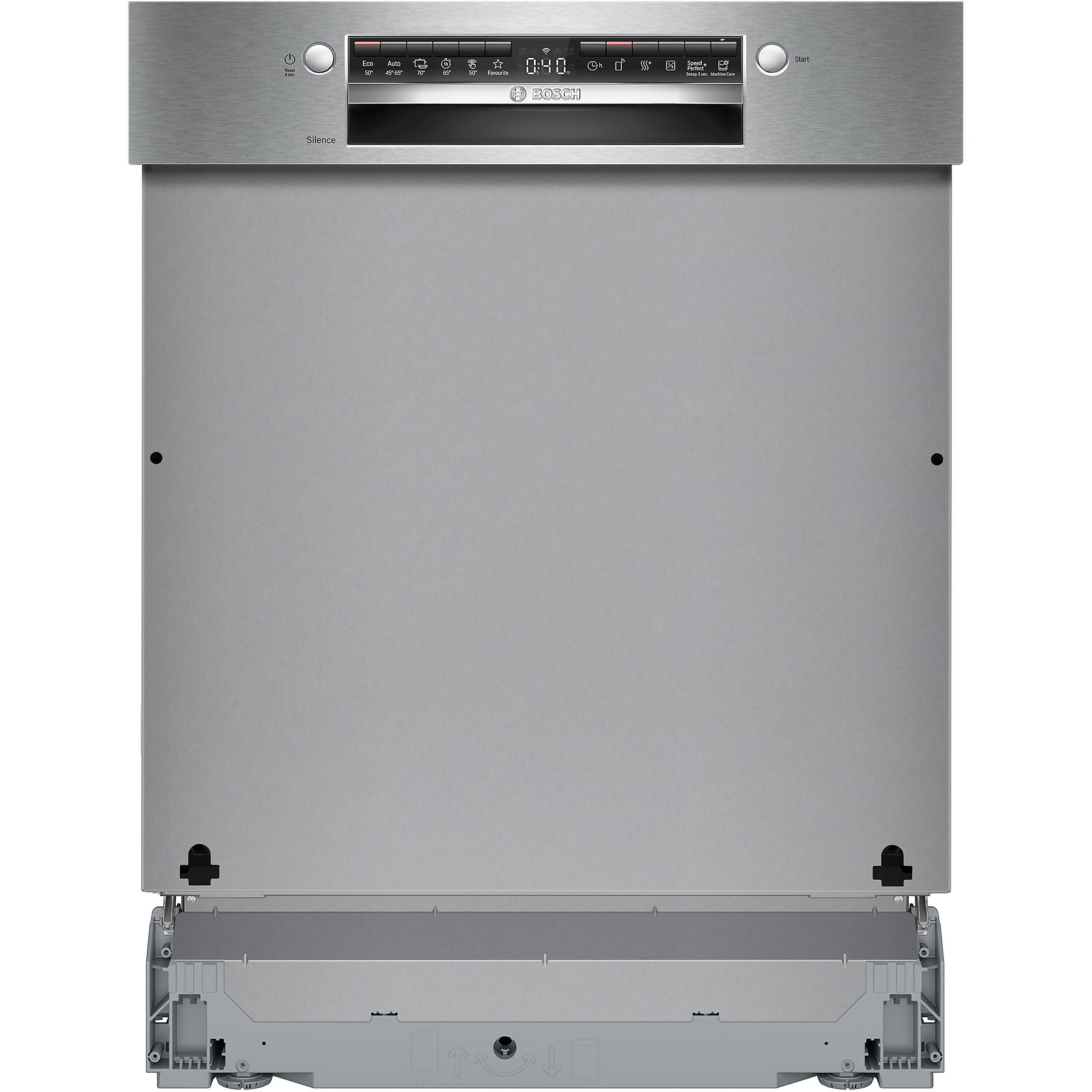 Un lavavajillas Bosch de acero inoxidable. Tiene una pantalla digital que muestra la hora. El panel de control tiene opciones de programa.