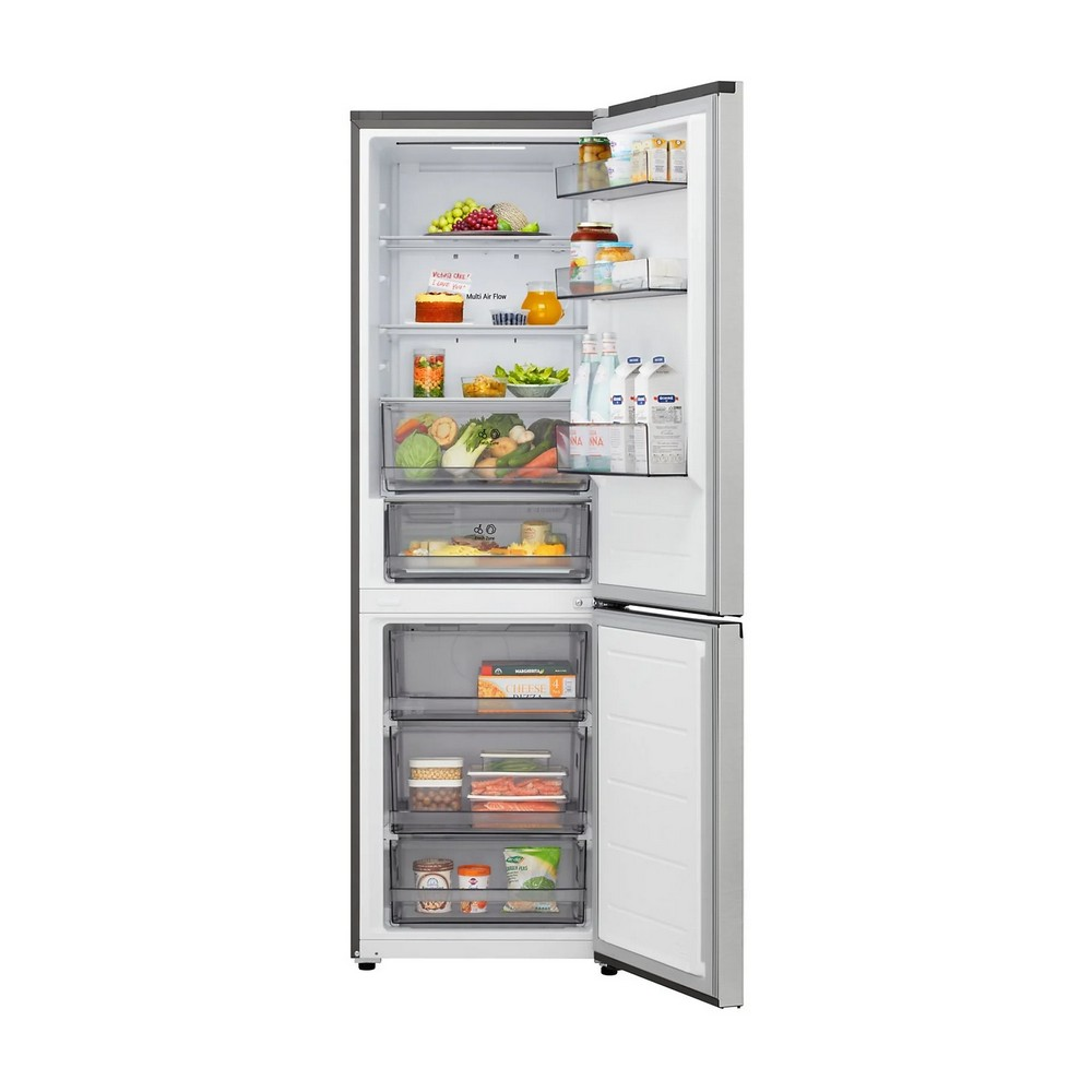 Refrigerador abierto lleno de comestibles: frutas, verduras, lácteos y congelados. La puerta está abierta, mostrando el contenido.