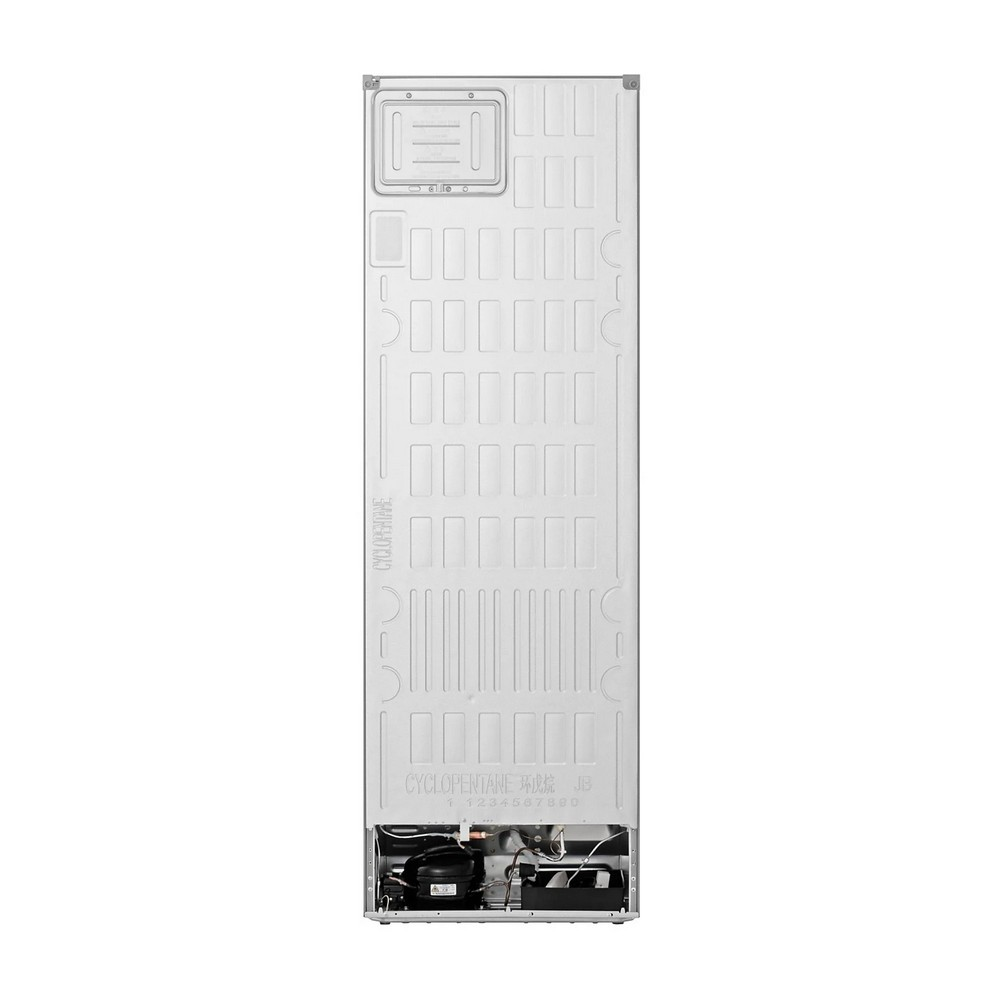 Vista trasera de un refrigerador plateado con un patrón complejo de líneas rectangulares y verticales. La parte inferior revela el compresor.