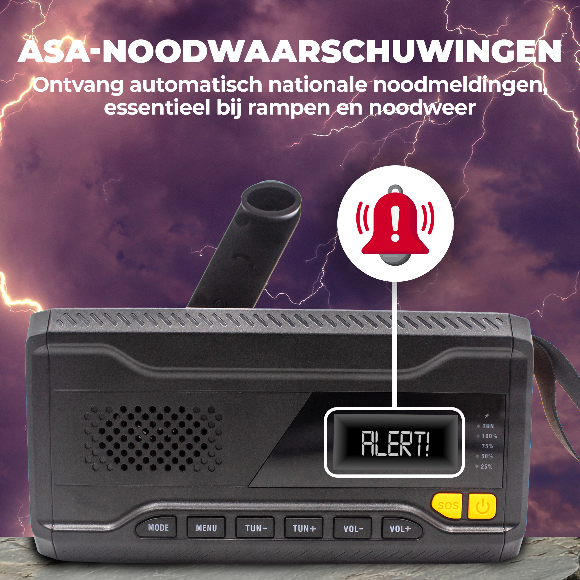 Black emergency radio with 'ALERT!' on screen, red bell icon, and lightning background.