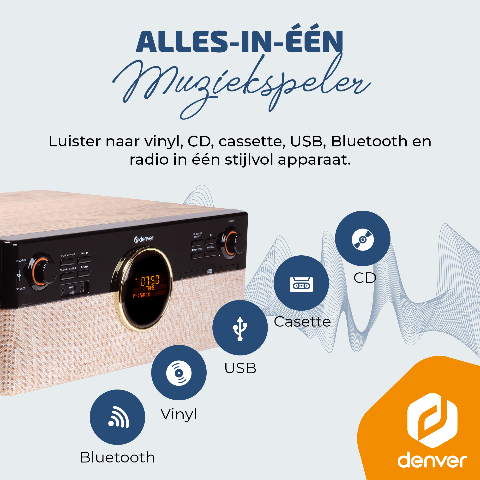 Ein Multi-Media-Player mit Radio, CD, Kassette, Vinyl, USB und Bluetooth. Es hat ein modernes Design.