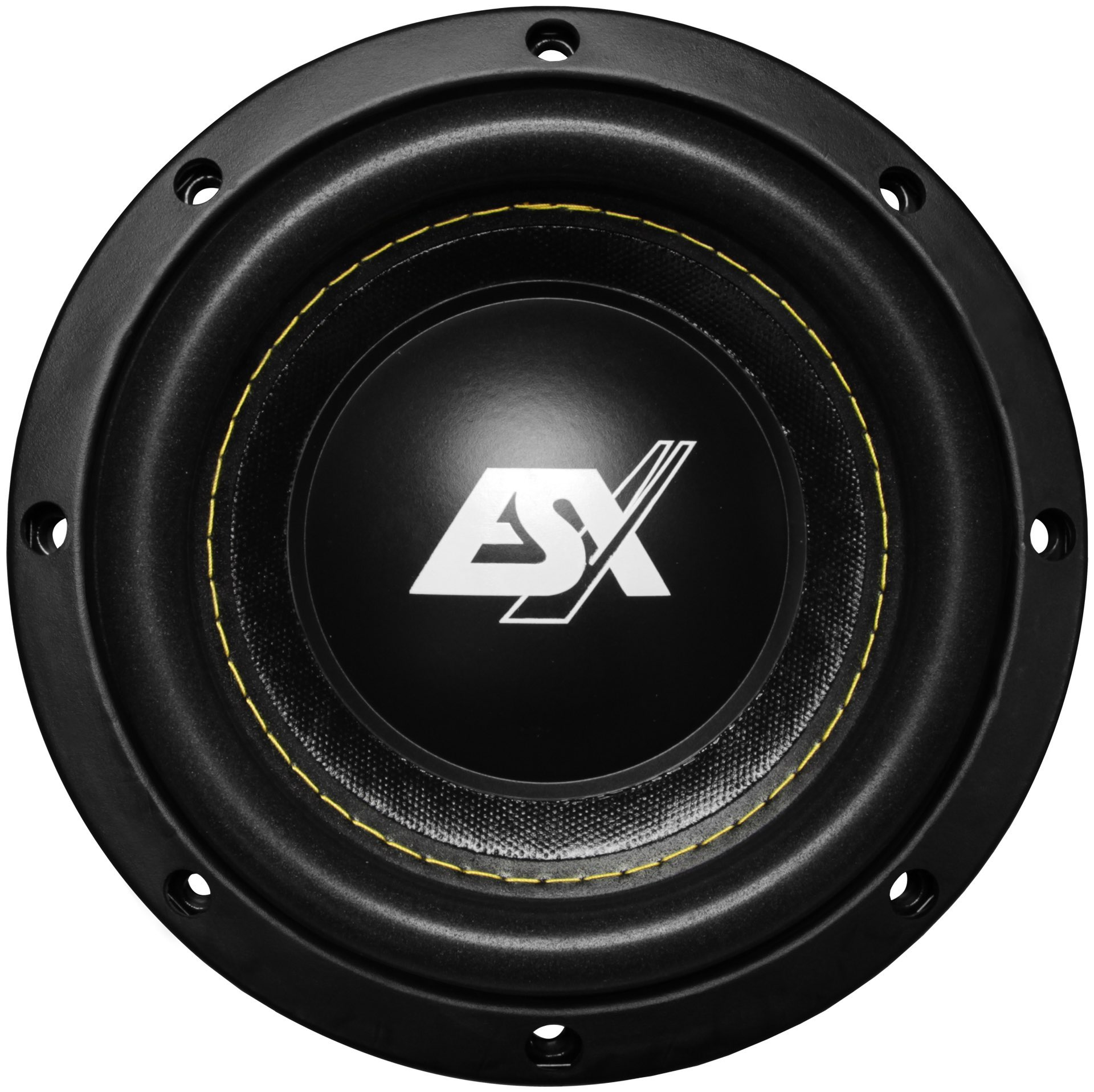 Schwarzer Subwoofer mit gelben Nähten um die Membran, weißem Logo in der Mitte und Befestigungslöchern.