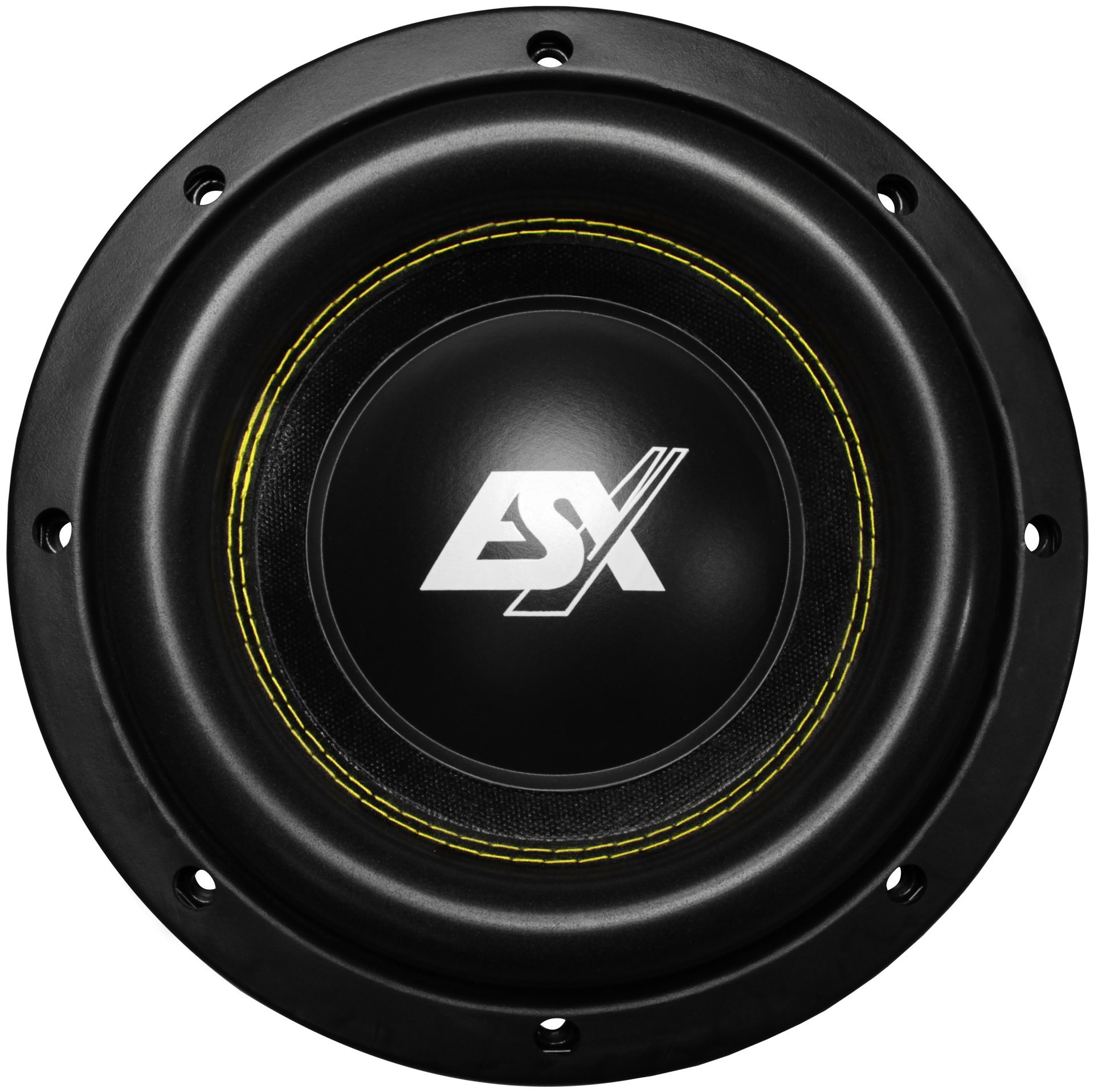 Schwarzer Subwoofer-Lautsprecher mit gelben Nähten und weißem Logo. Der Lautsprecher hat ein kreisförmiges Design.