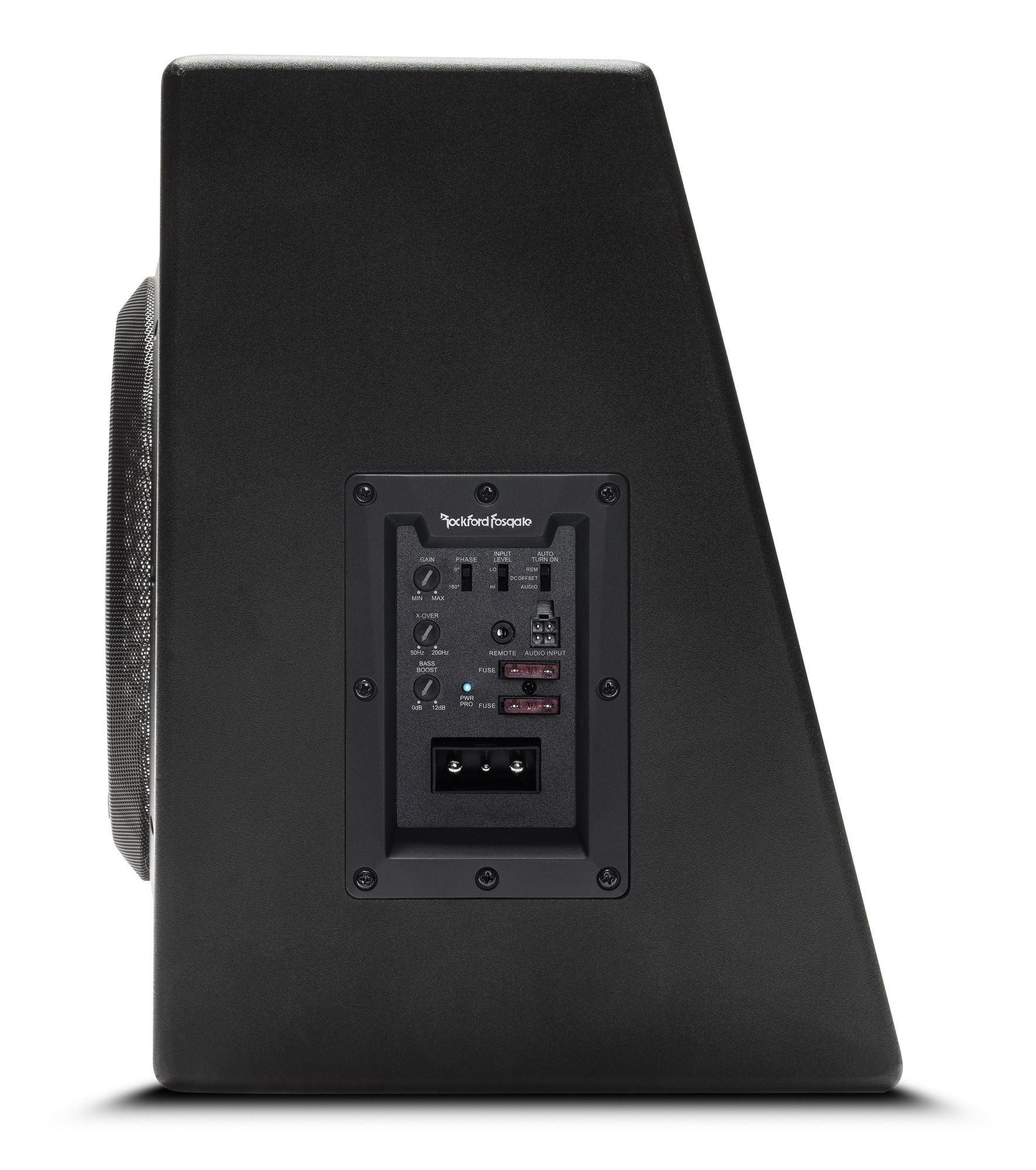 Schwarzer Subwoofer mit Bedienelementen wie Gain, Phase und Bass Boost. Mit Audioeingang und Stromanschlüssen.