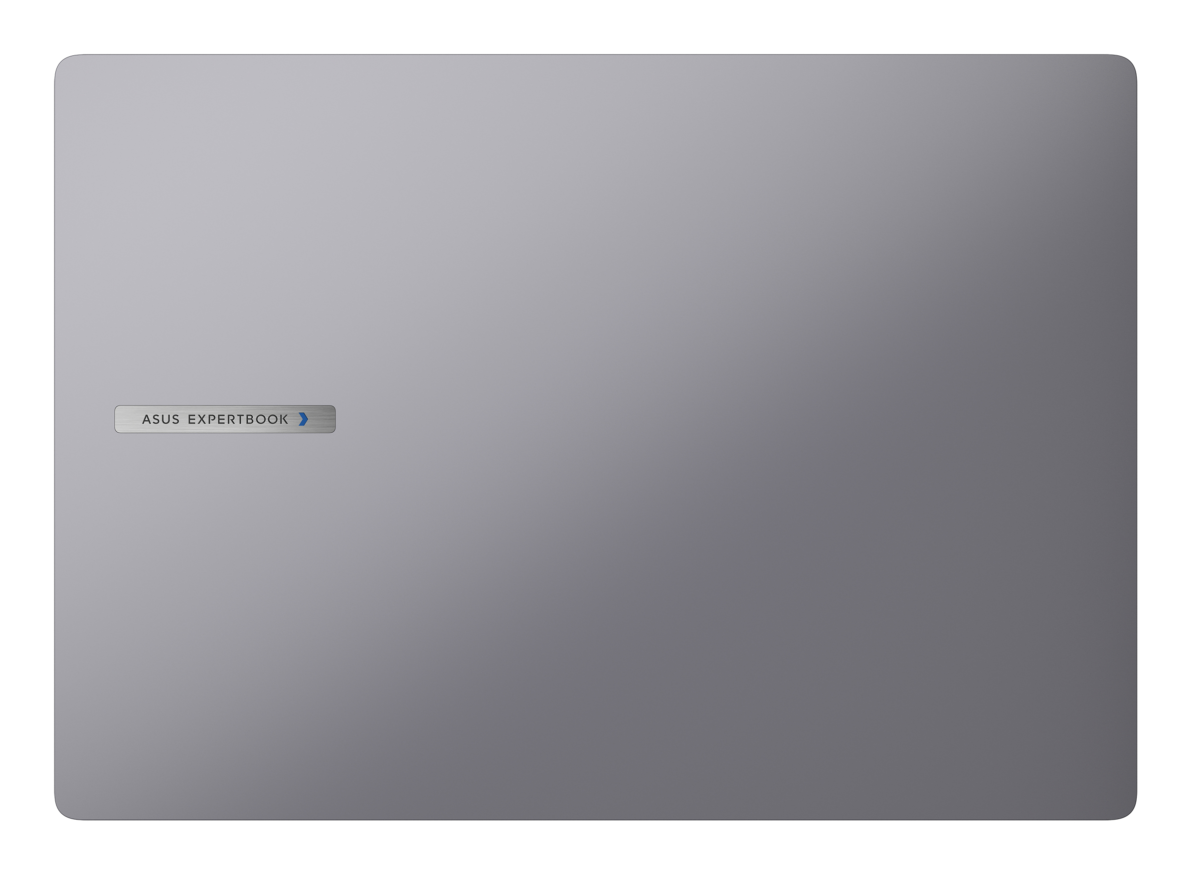 Coperchio di laptop grigio con angoli arrotondati. È presente il logo ASUS ExpertBook.