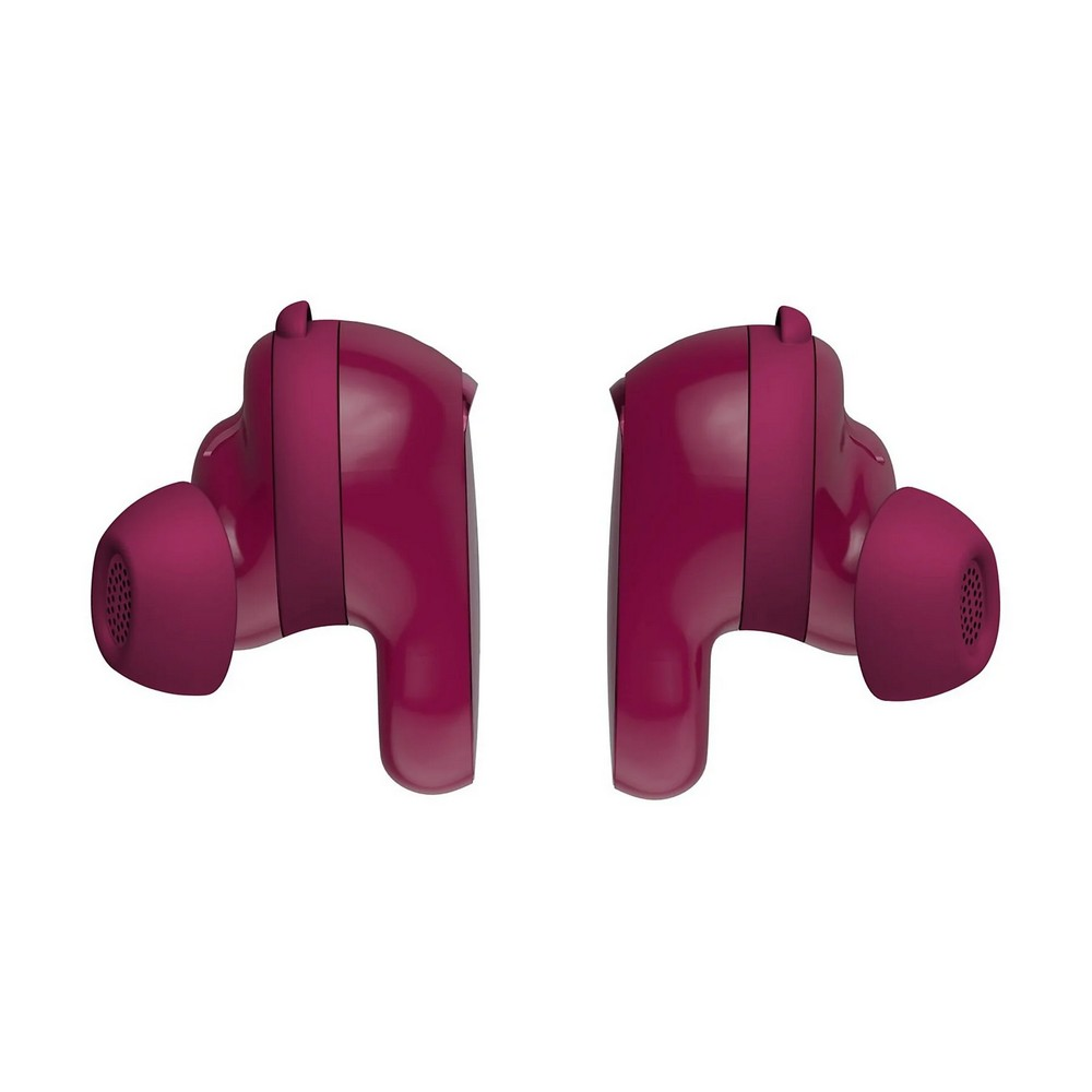 Dos auriculares inalámbricos magenta, en ángulo y aislados sobre blanco. Cada uno tiene un auricular redondeado y un cuerpo principal, mostrando un acabado brillante.