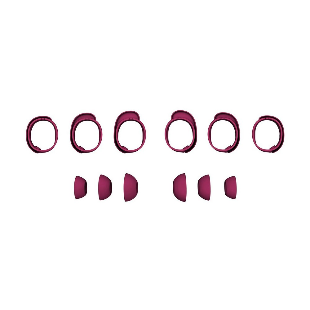 Seis aros de auriculares granates y seis puntas a juego dispuestas sobre fondo blanco, mostrando accesorios de audio.