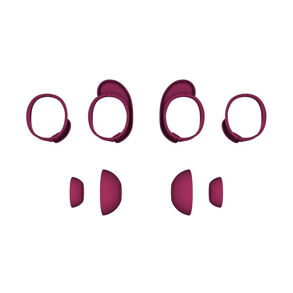Varias partes de accesorios para auriculares están dispuestas sobre un fondo blanco. Las piezas son de color rosa oscuro.