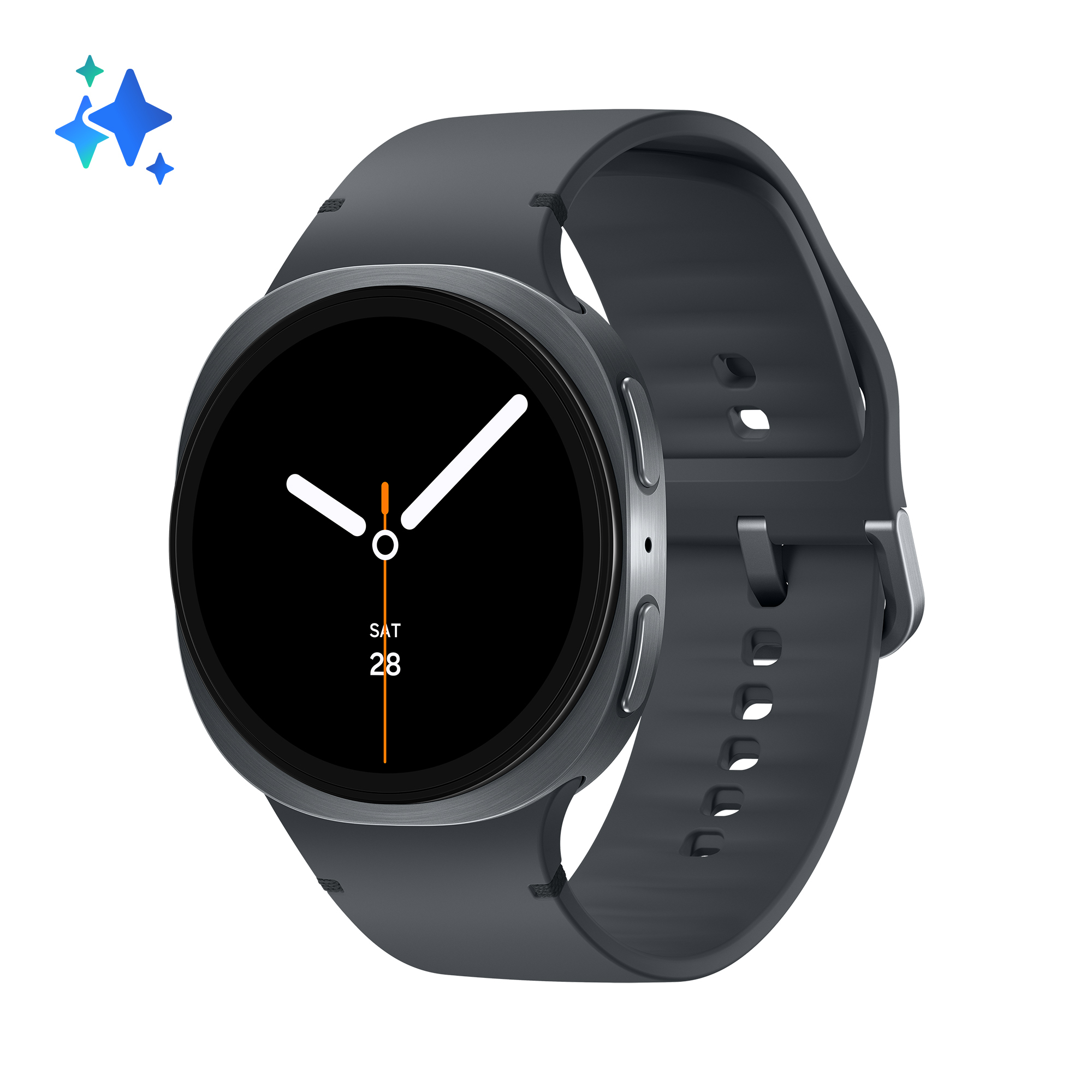Smartwatch grigio scuro con schermo nero che mostra l'ora. Il cinturino è anch'esso grigio scuro.