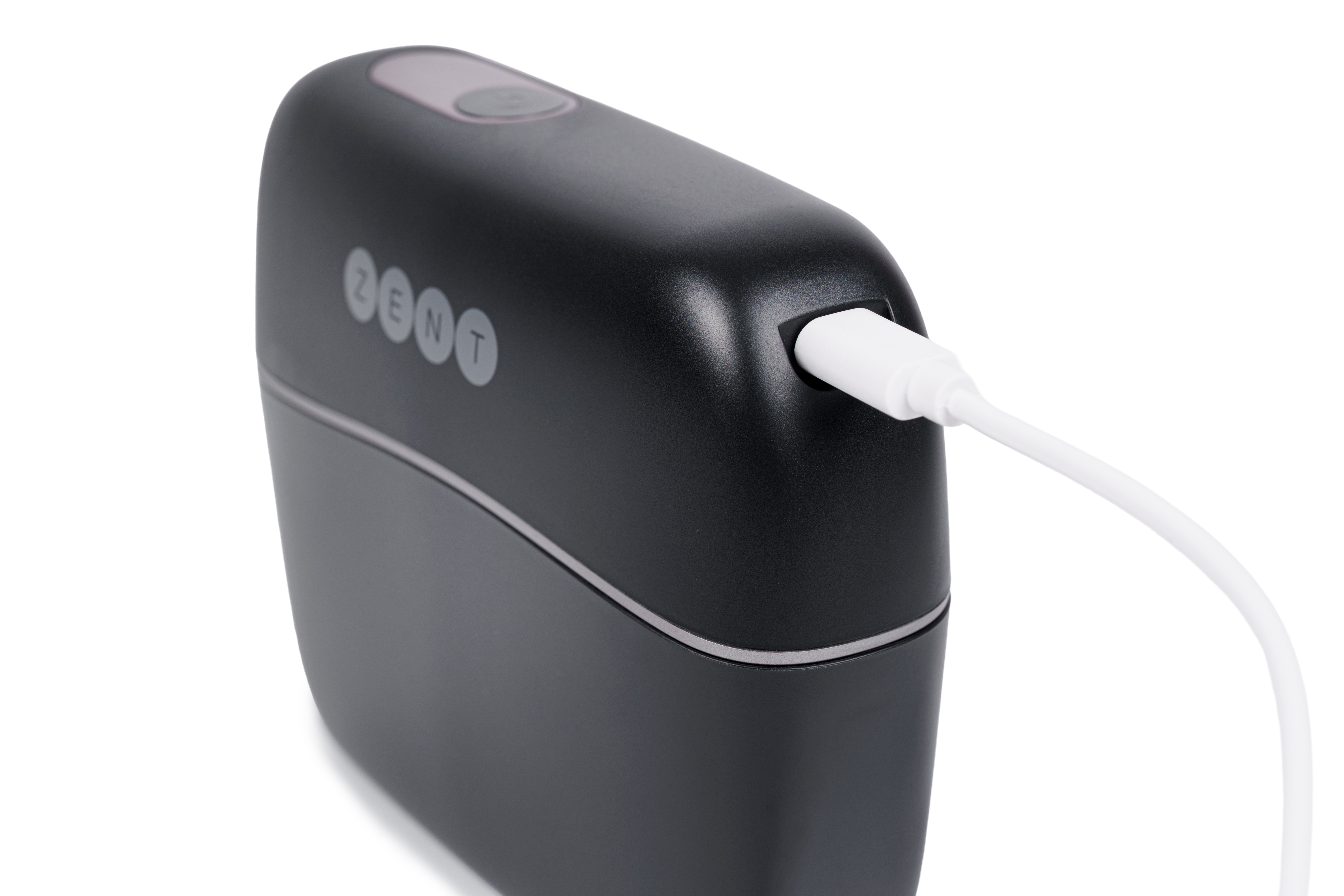 Czarny power bank z białym kablem i napisem ZENT.