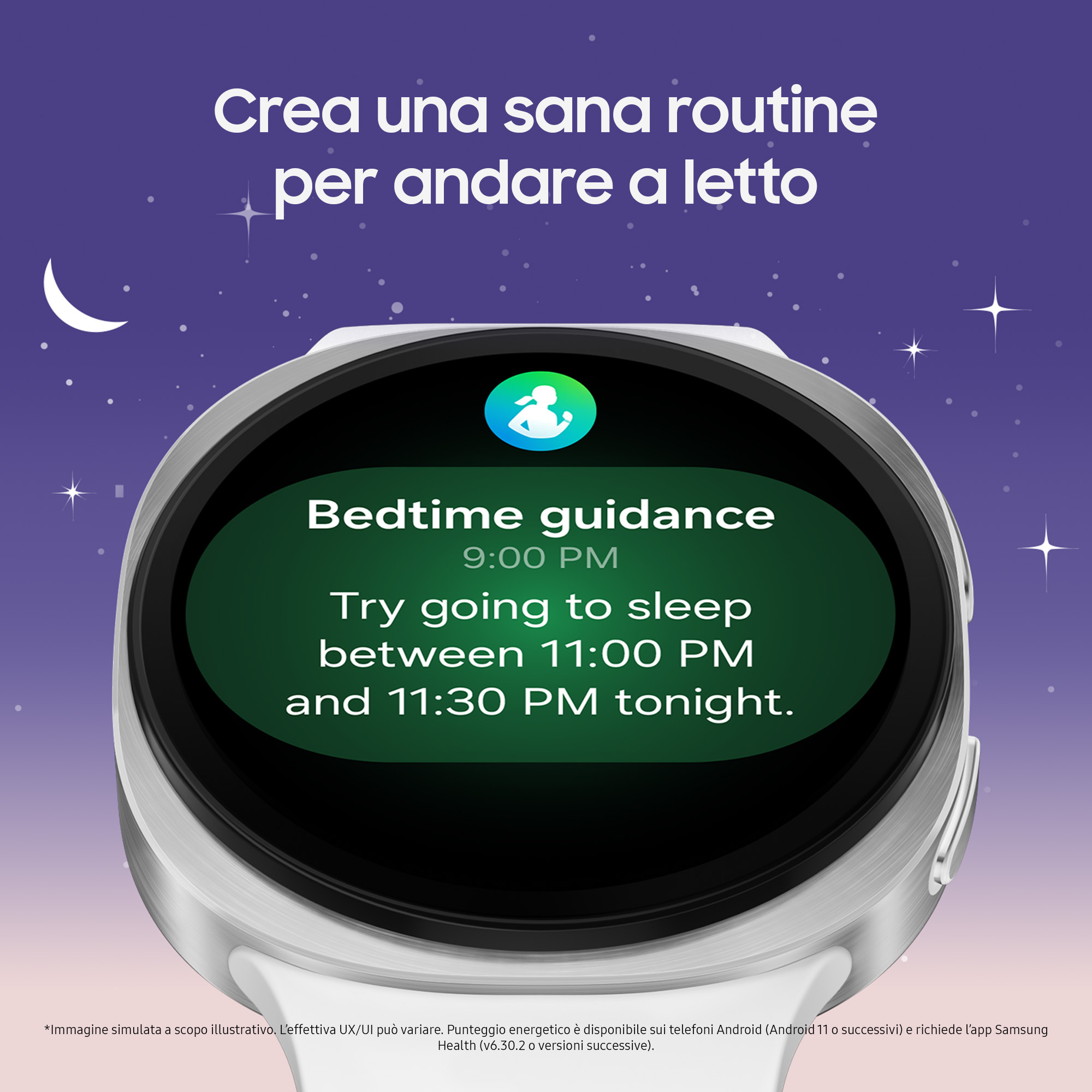 Een smartwatch geeft bedtijdbegeleiding weer. De achtergrond is een nachtelijke hemel met sterren en een halve maan.