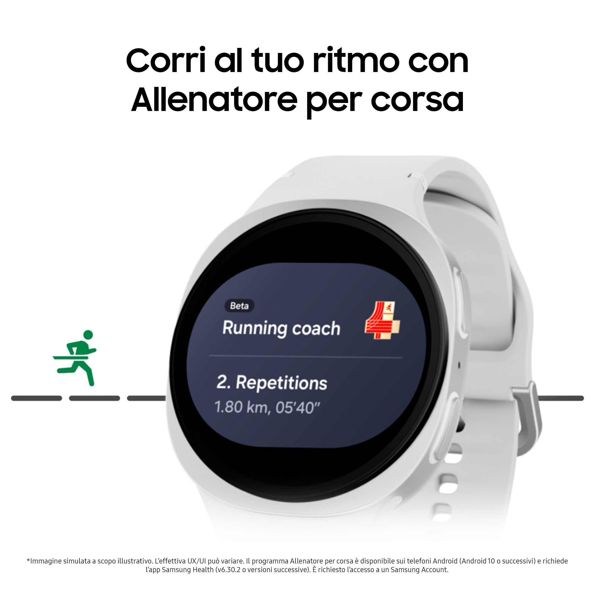 Witte smartwatch toont hardloopcoach-interface. Tekst luidt 'Herhalingen' en afstand. Groen hardloopicoon.