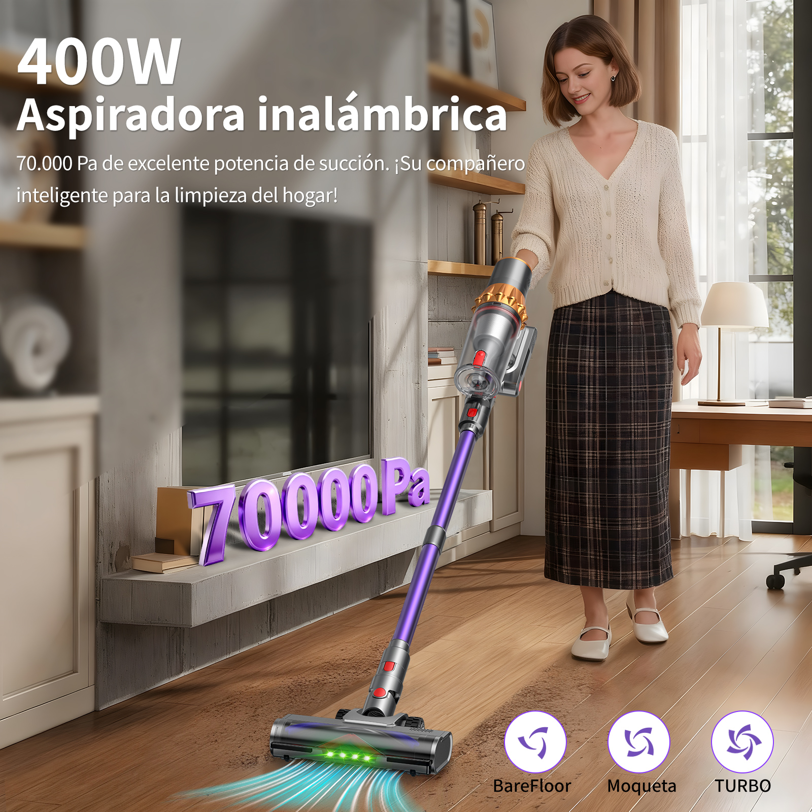 Una mujer usa una aspiradora inalámbrica morada y plateada. Texto: 400W Aspiradora inalámbrica, 70000 Pa.