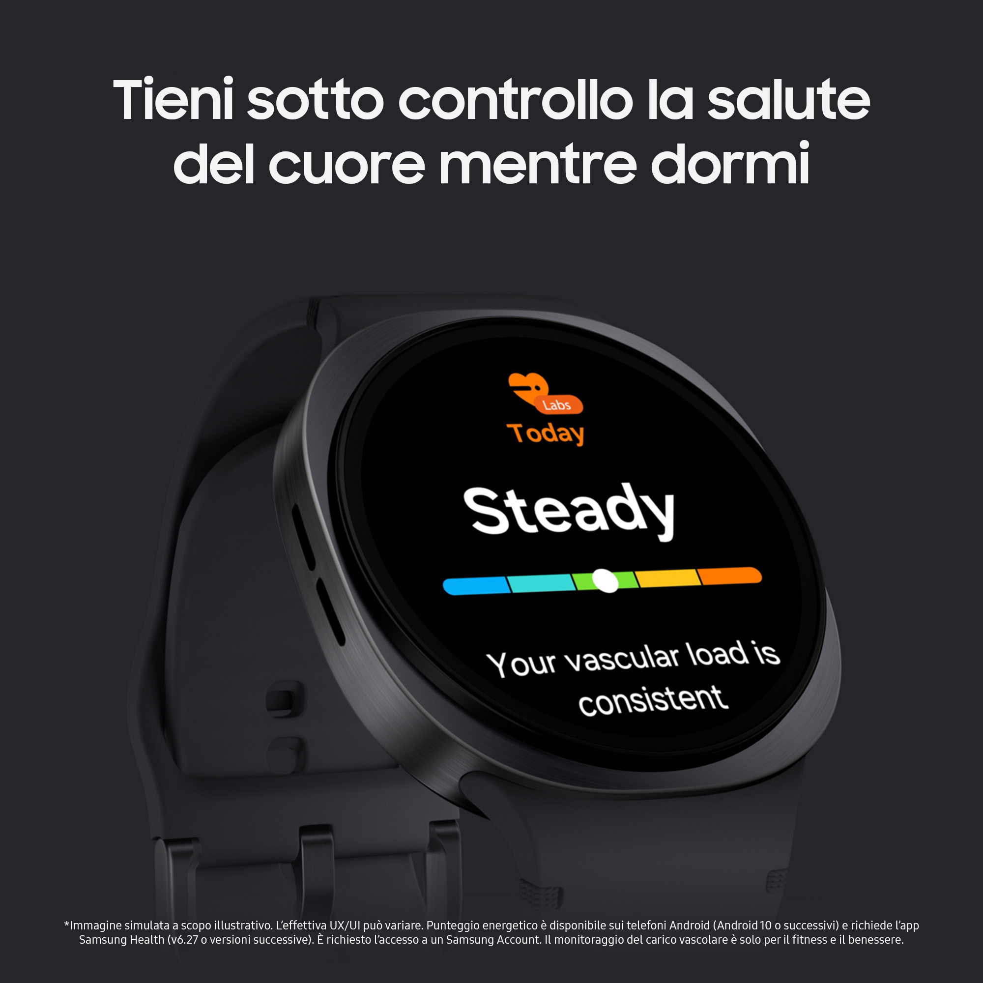 Uno smartwatch mostra i dati sulla salute del cuore. L'orologio è nero con cinturino nero, con sfondo nero.