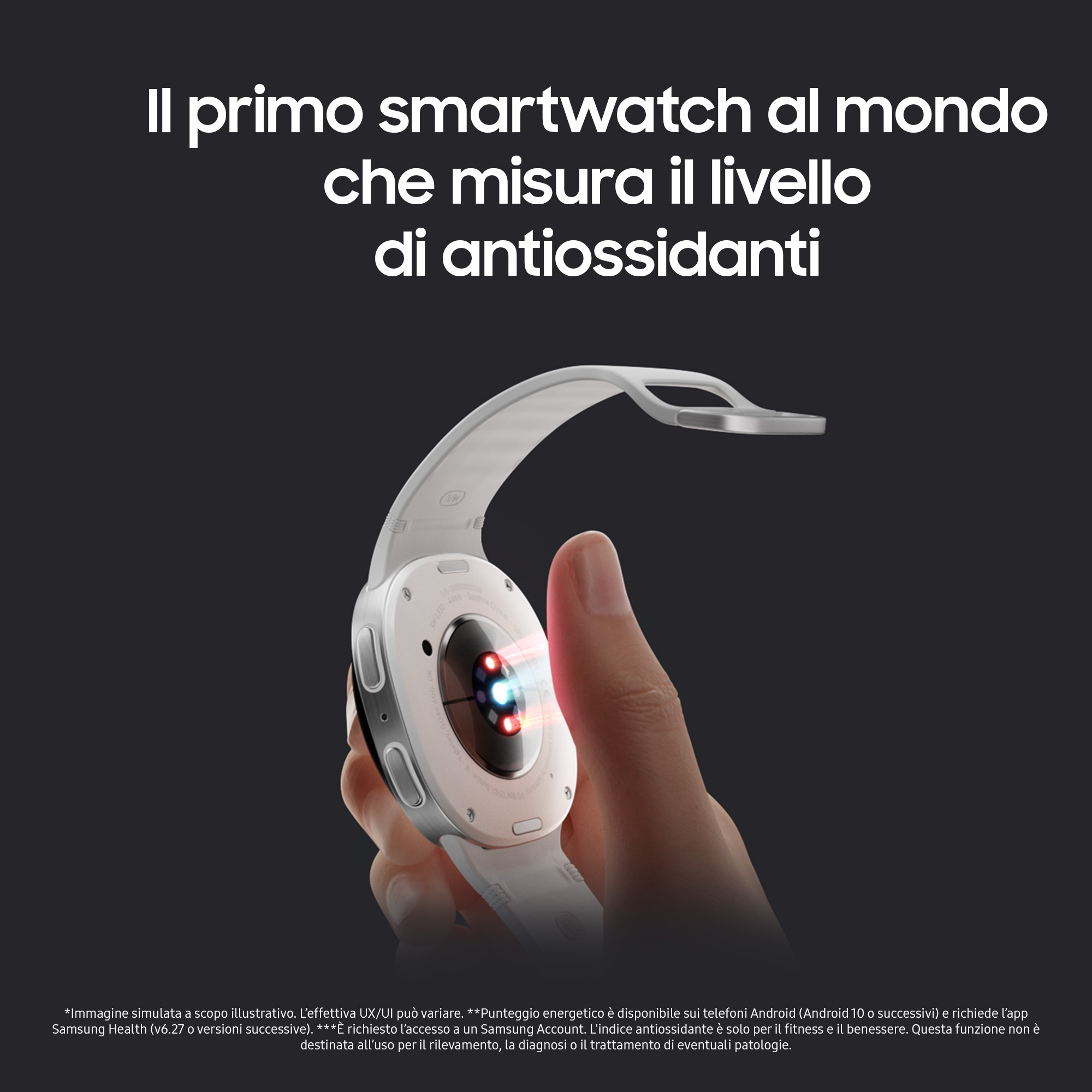 Una mano tiene uno smartwatch bianco. Il testo sopra dice: 'Il primo smartwatch al mondo che misura i livelli di antiossidanti.'