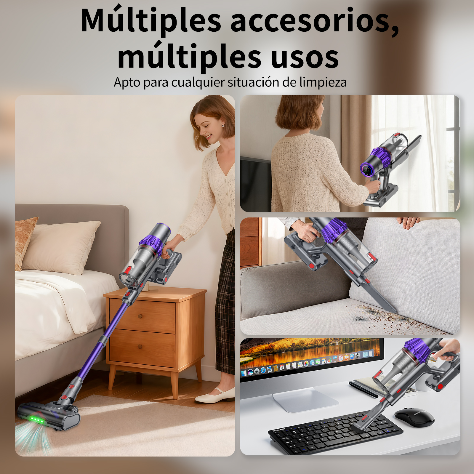 La imagen muestra una aspiradora que se utiliza en diferentes escenarios: en una cama, un sofá y un escritorio.