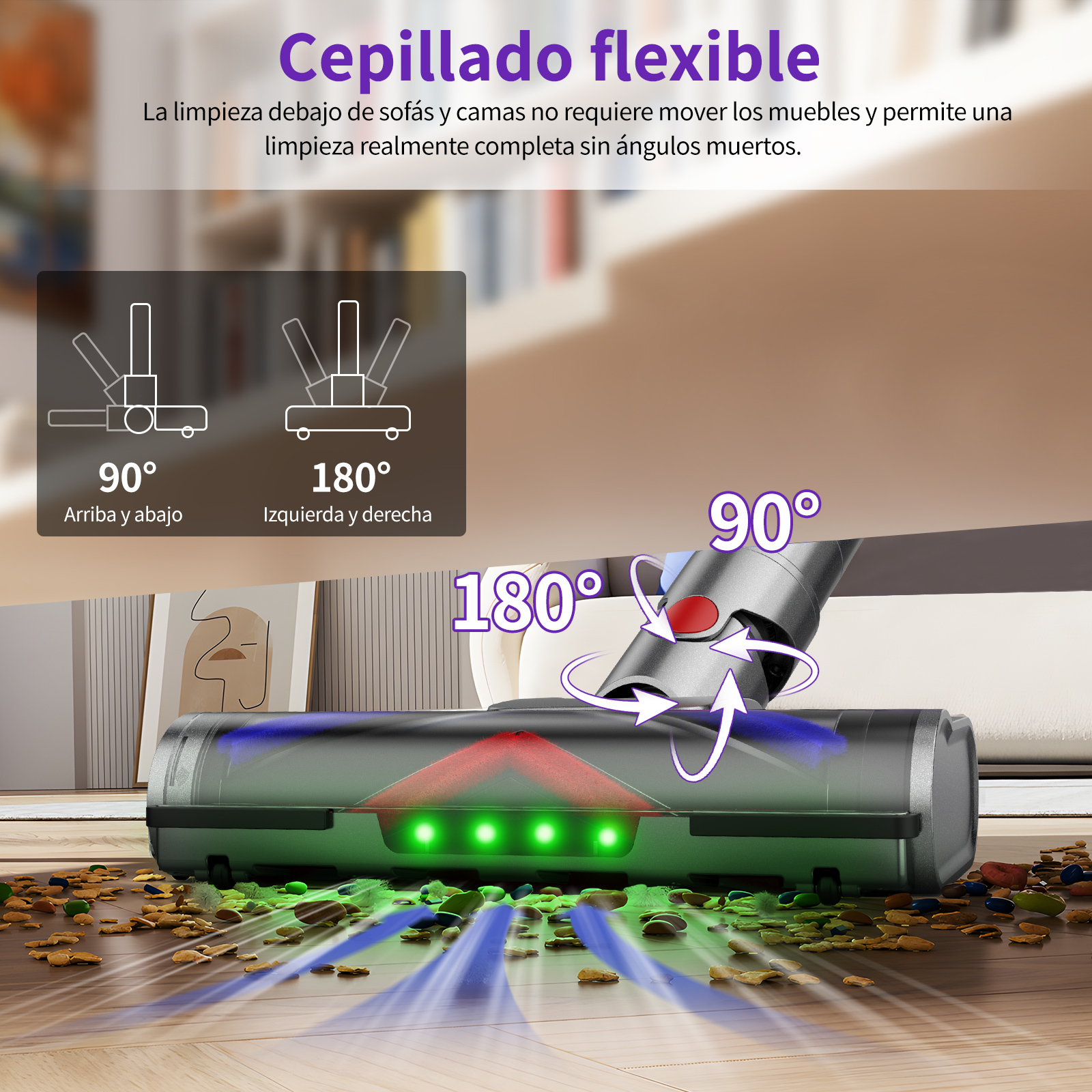 Aspiradora limpiando el suelo. Se ve polvo y residuos. El cabezal puede girar 90 y 180 grados.