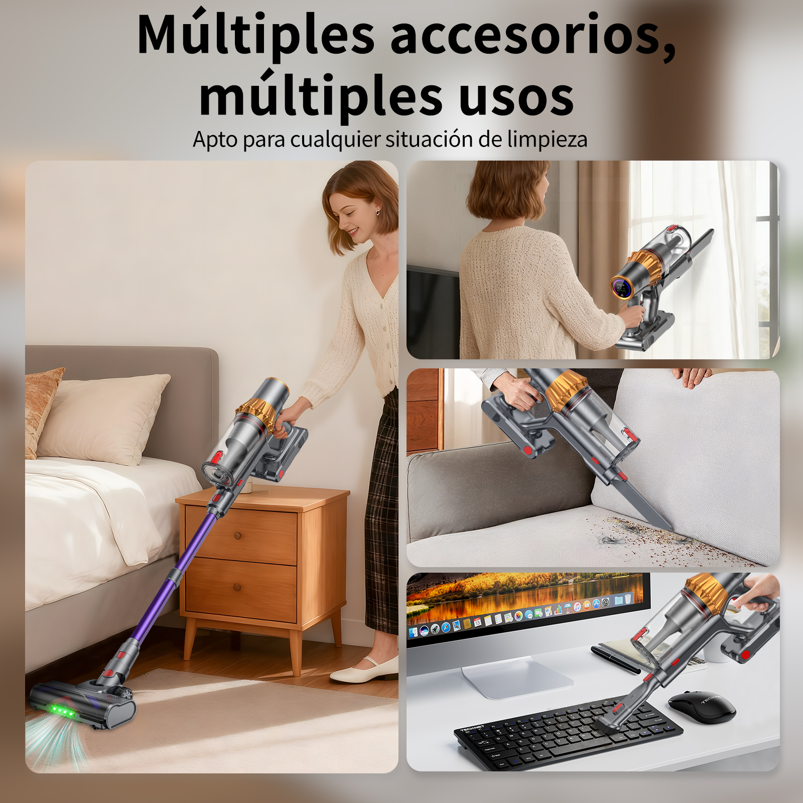 La imagen muestra una aspiradora que se utiliza en diferentes escenarios: limpiar una cama, un sofá y un teclado. Tiene múltiples accesorios.
