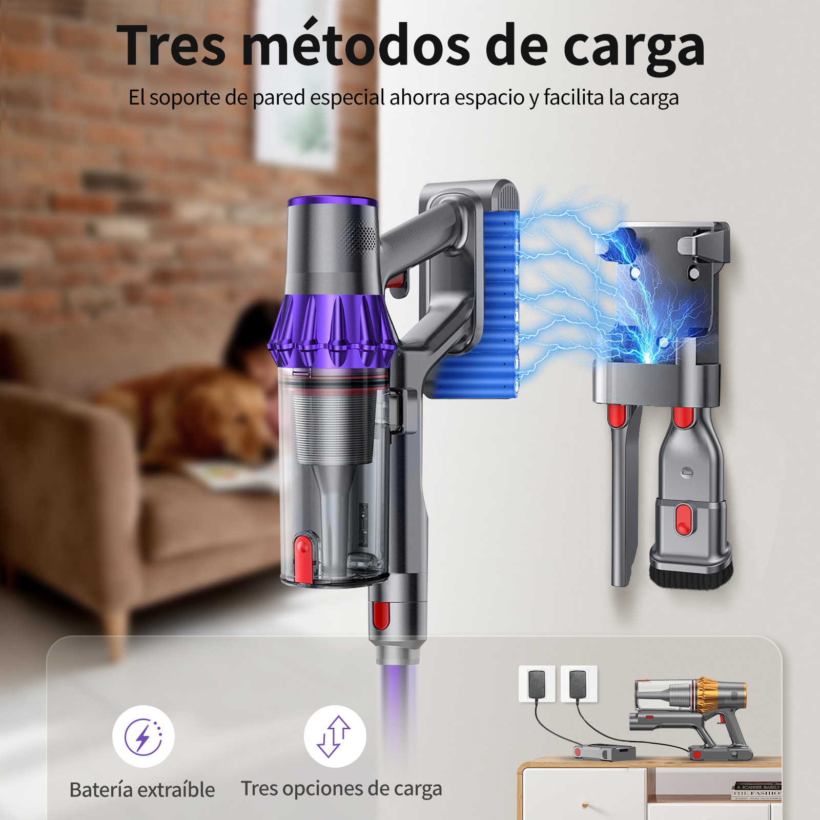 Componentes de aspiradora: base de carga, montaje en pared y batería. También hay características y texto en español.