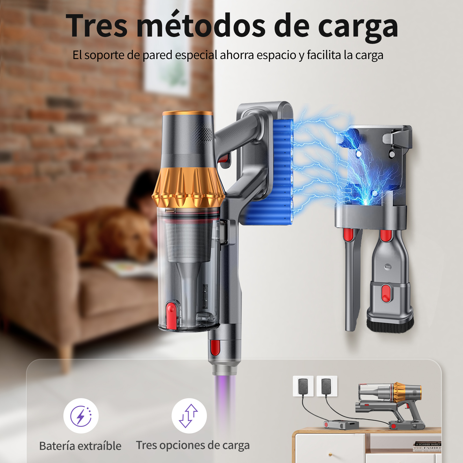 Aspiradora en soporte de pared. Diseño dorado y gris. Se muestran otras opciones de carga.