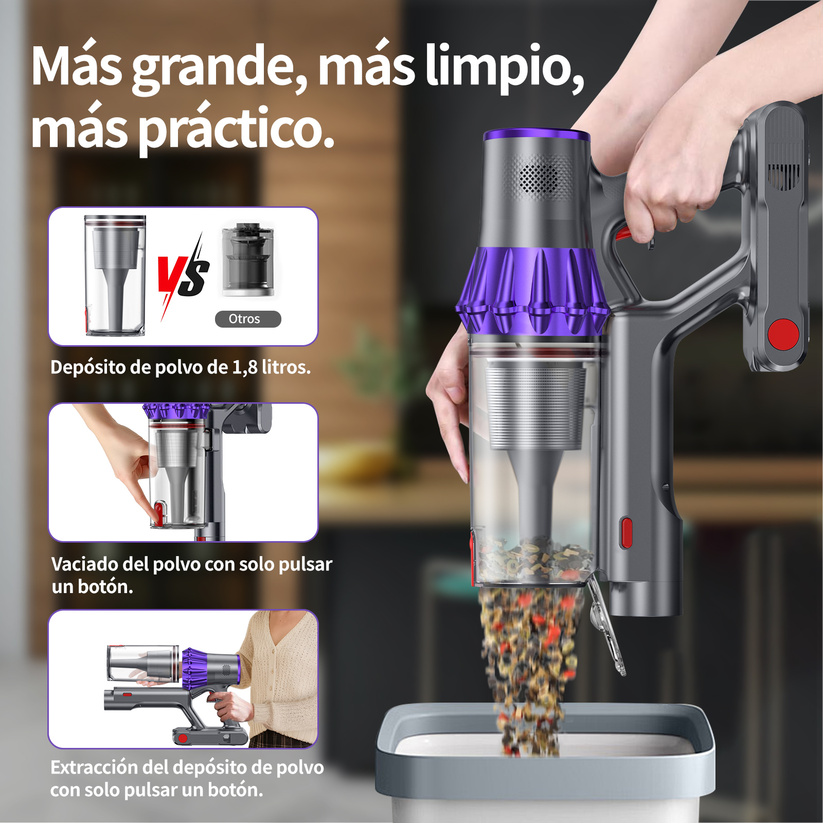 Un anuncio muestra una aspiradora con cabezal morado. El texto destaca la capacidad de polvo, el vaciado fácil y la extracción del depósito.