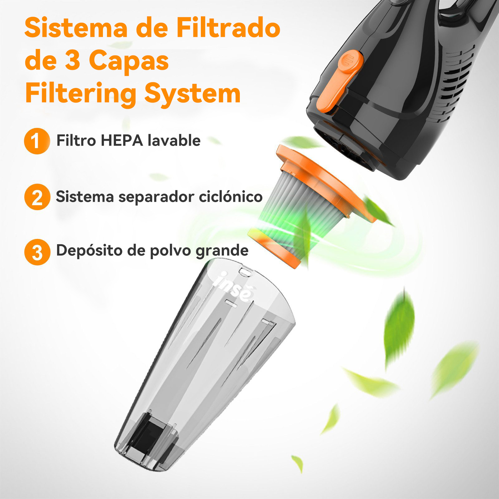 Se muestran piezas de aspiradora. Filtro, recipiente de polvo y cuerpo son visibles. El texto describe el sistema de filtrado.