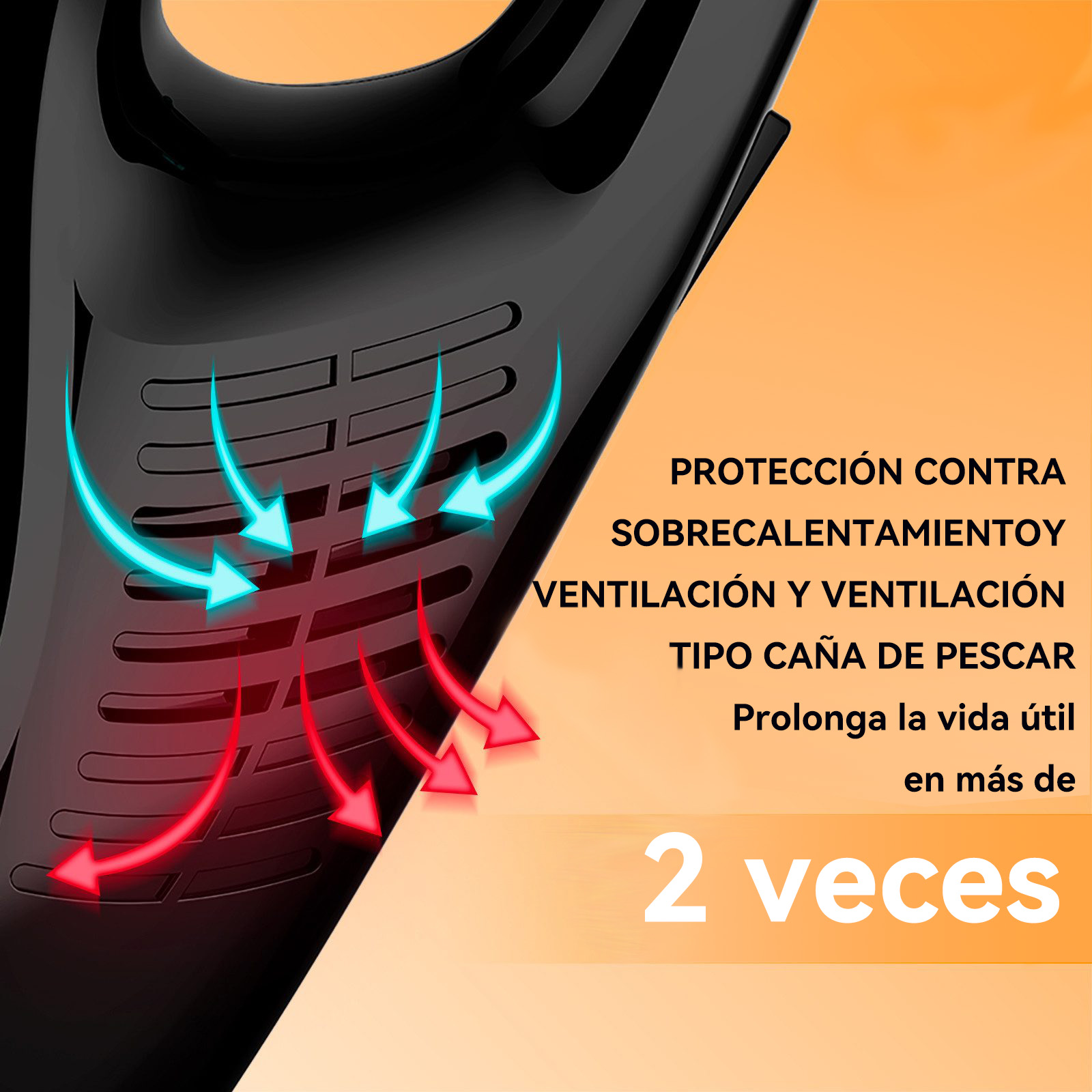Objeto negro con ranuras de ventilación y flechas que indican el flujo de aire. El texto en español promueve la protección y extiende la vida útil.