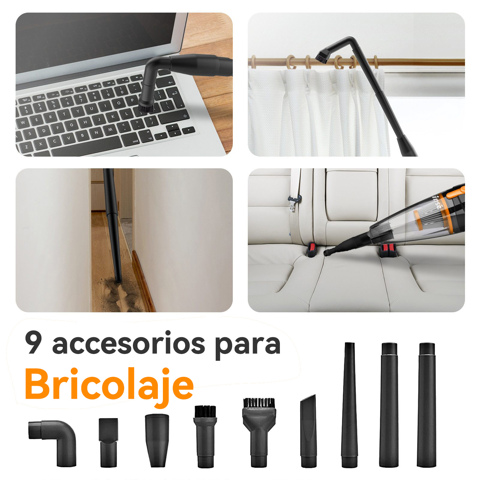 La imagen muestra una aspiradora con múltiples accesorios limpiando diferentes superficies, incluyendo un teclado y un asiento de coche.
