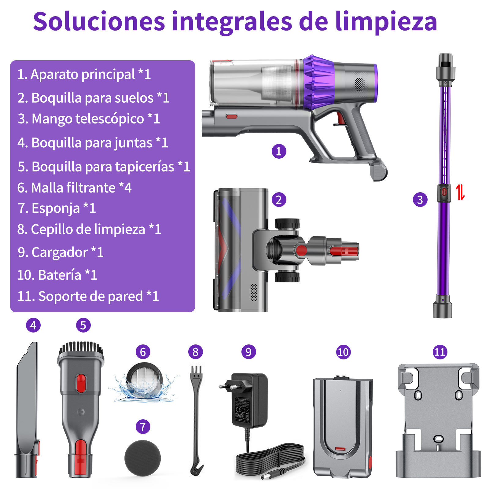 Piezas de aspiradora: unidad principal, boquilla para suelos, mango telescópico, cargador, batería y más sobre fondo blanco.