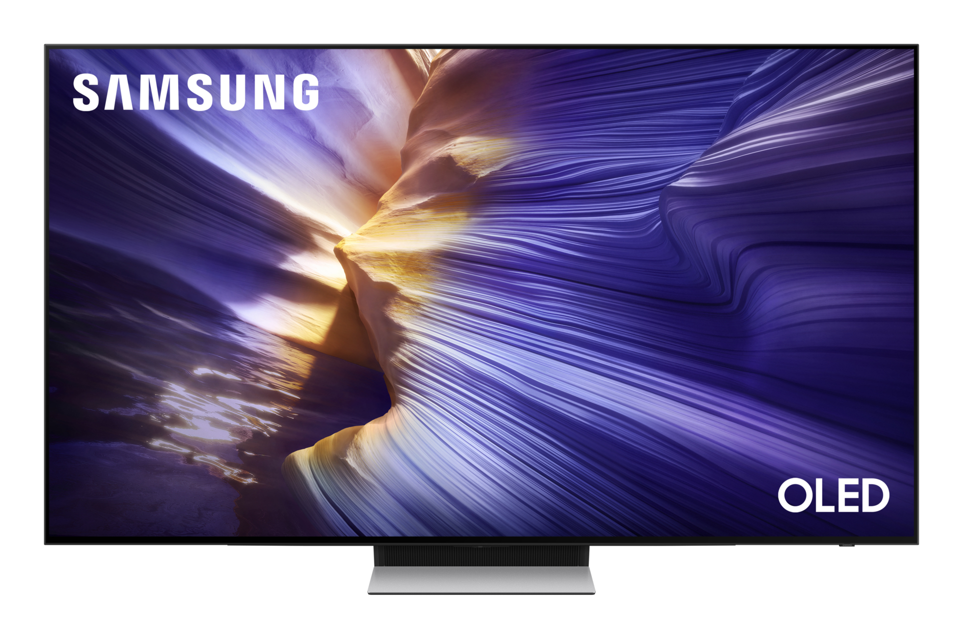 TV OLED Samsung. Lo schermo mostra un motivo astratto colorato. Il televisore ha un supporto argentato.