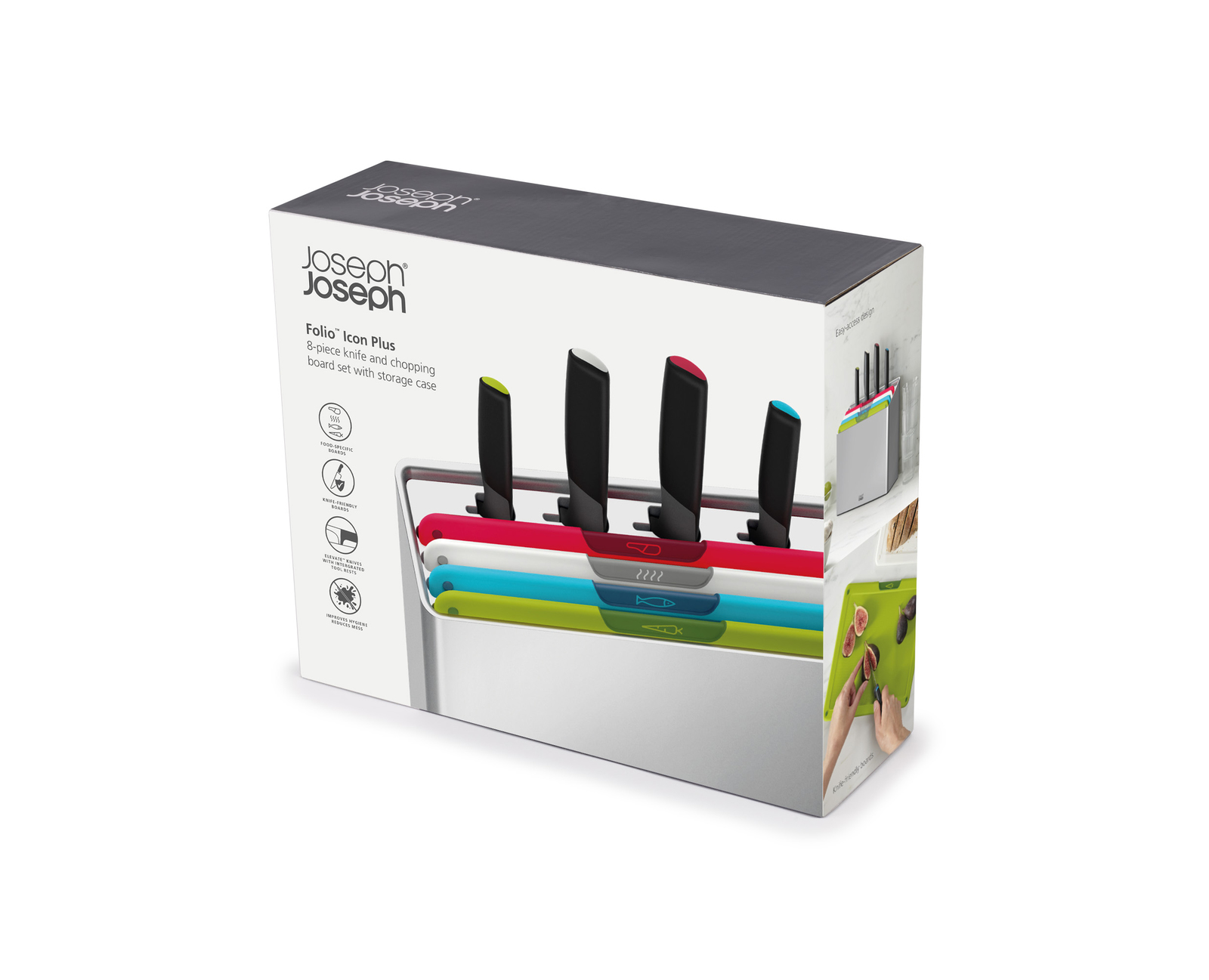 Juego Folio Icon Plus de Joseph Joseph en caja. Cuchillos con mangos de colores en un soporte con tablas de cortar. Texto en la caja.