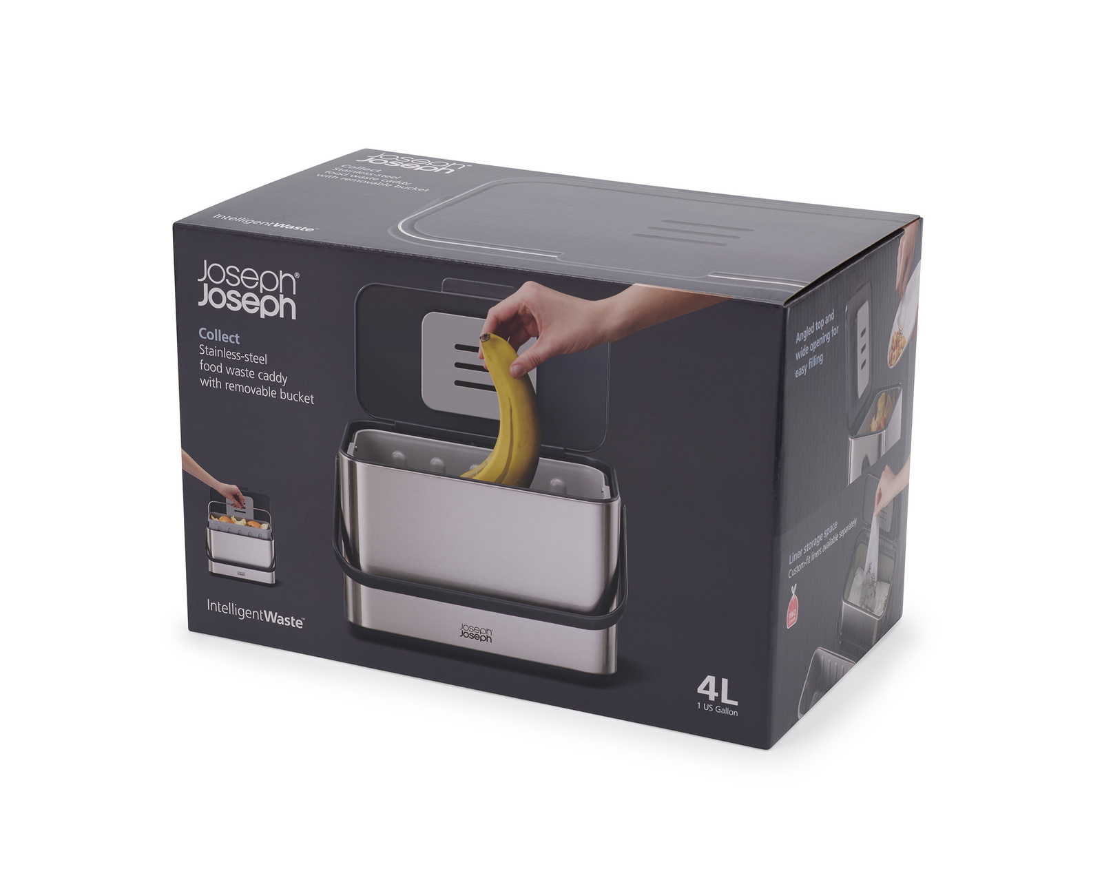 Una caja muestra un recipiente de acero inoxidable para residuos de alimentos con una mano colocando un plátano adentro. La caja tiene texto e ilustraciones.