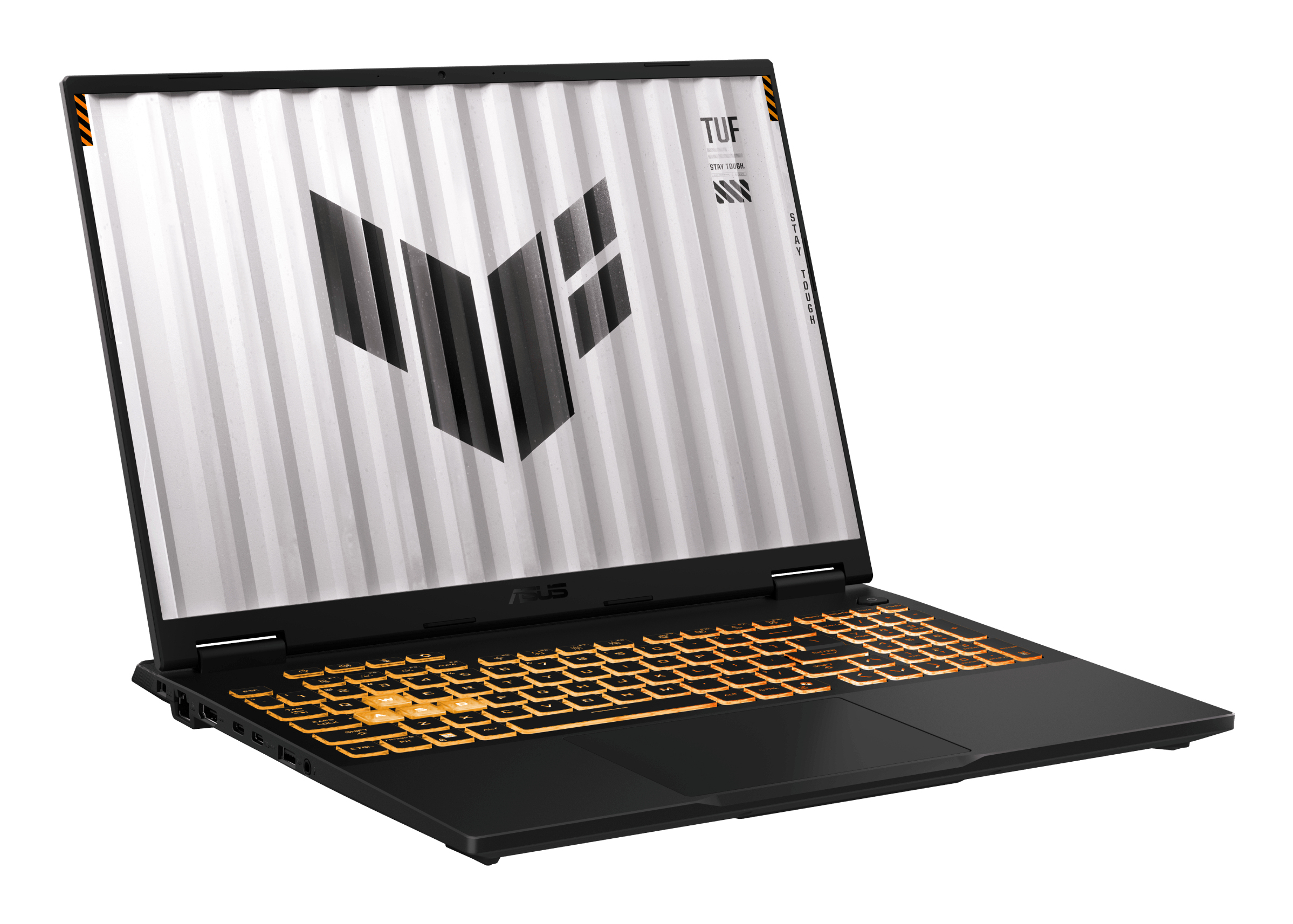 Un laptop nero è aperto. Lo schermo mostra un logo. La tastiera è illuminata di arancione.