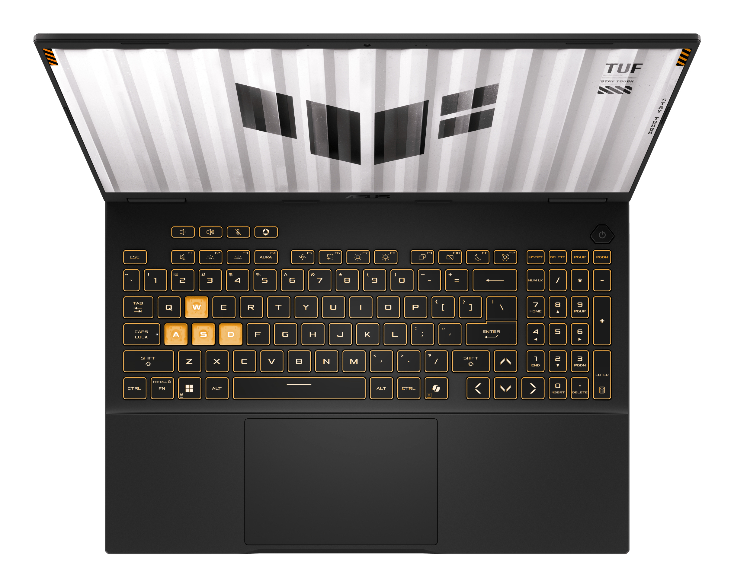 Laptop nero, aperto, con tastiera e schermo con motivo bianco e grigio. La tastiera ha tasti retroilluminati arancioni.