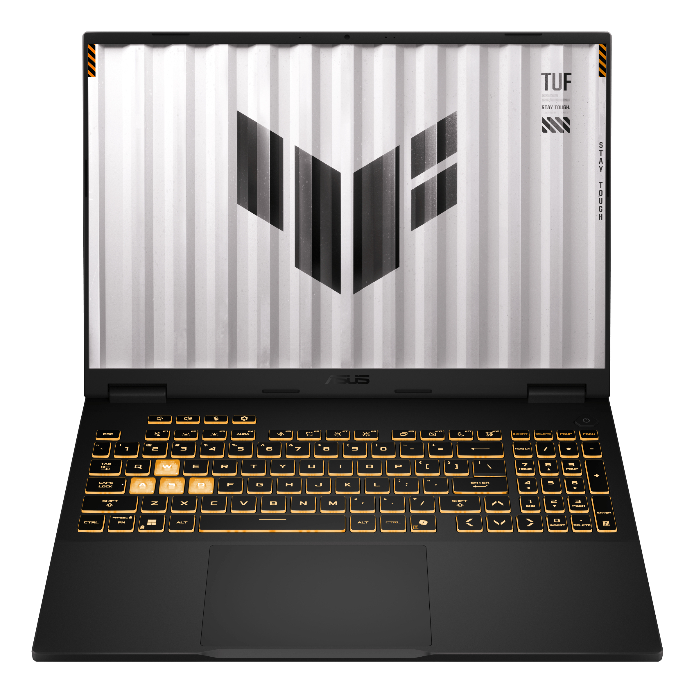 Laptop nero con tasti illuminati. Lo schermo mostra un motivo bianco e il logo TUF. La tastiera si illumina di arancione.