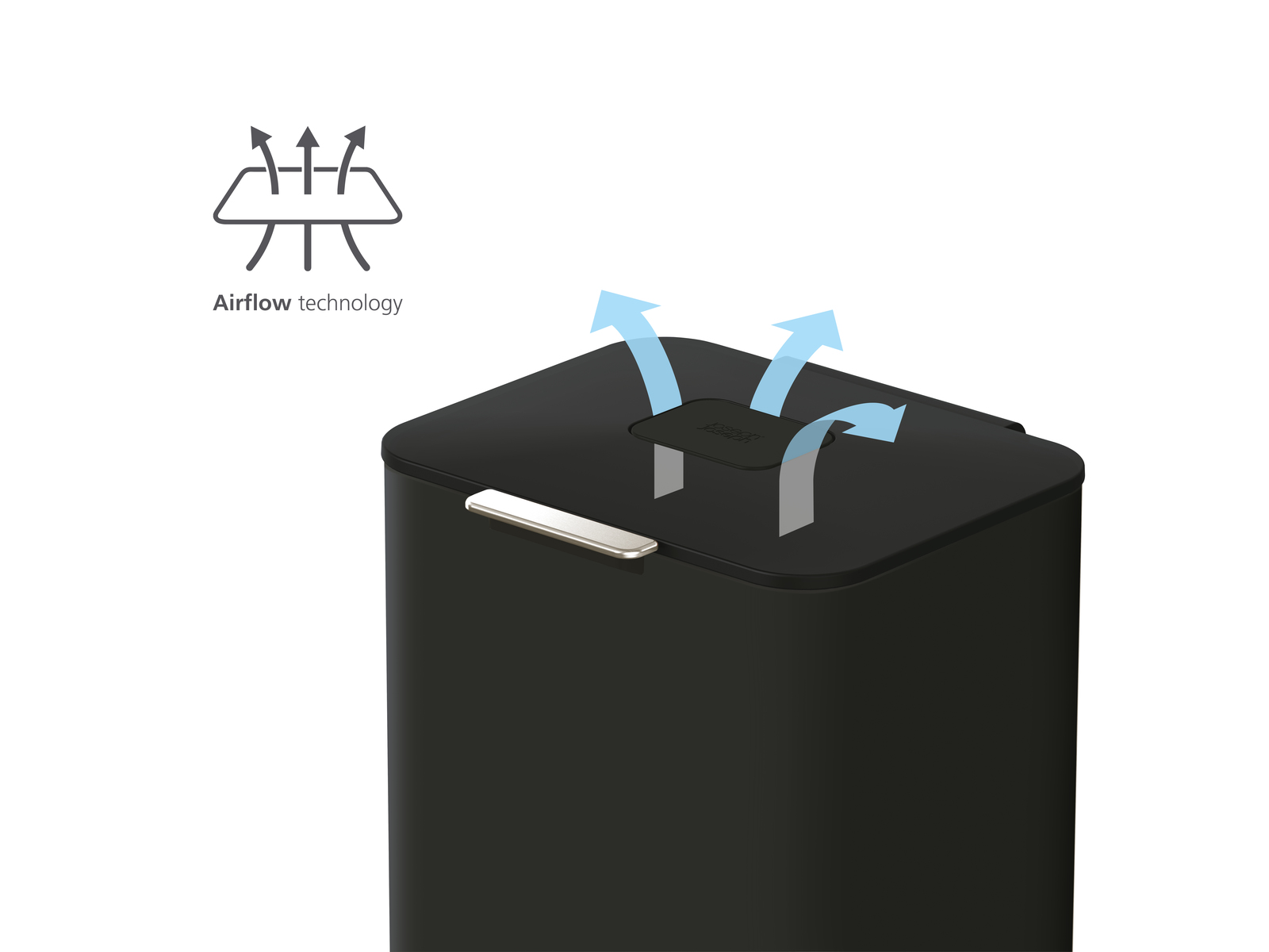 Contenedor de basura negro con ilustración de tecnología de flujo de aire. Las flechas indican el flujo de aire. Manija plateada. Fondo blanco.