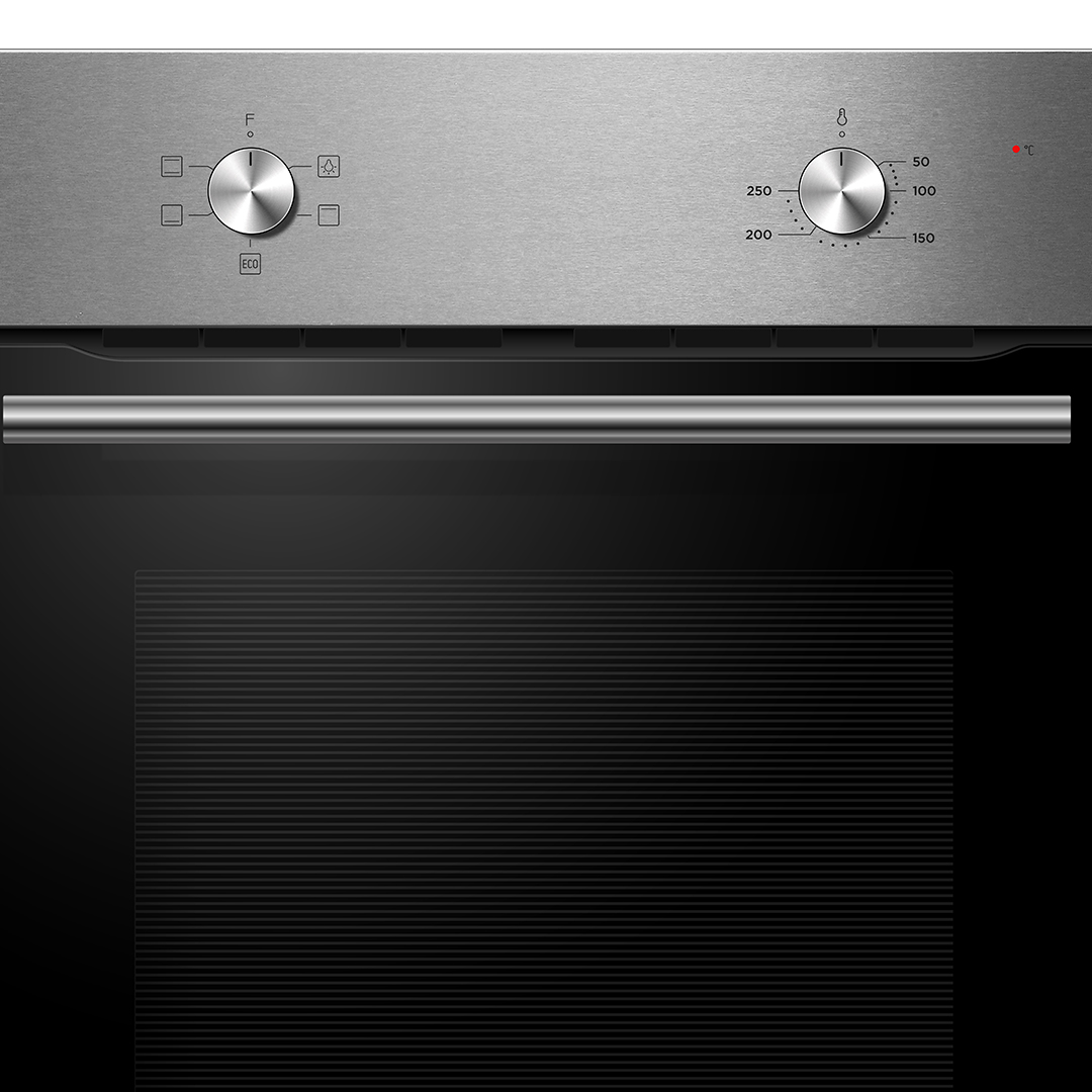 Horno de acero inoxidable con perillas para control de temperatura y función, manija y puerta de vidrio negro.